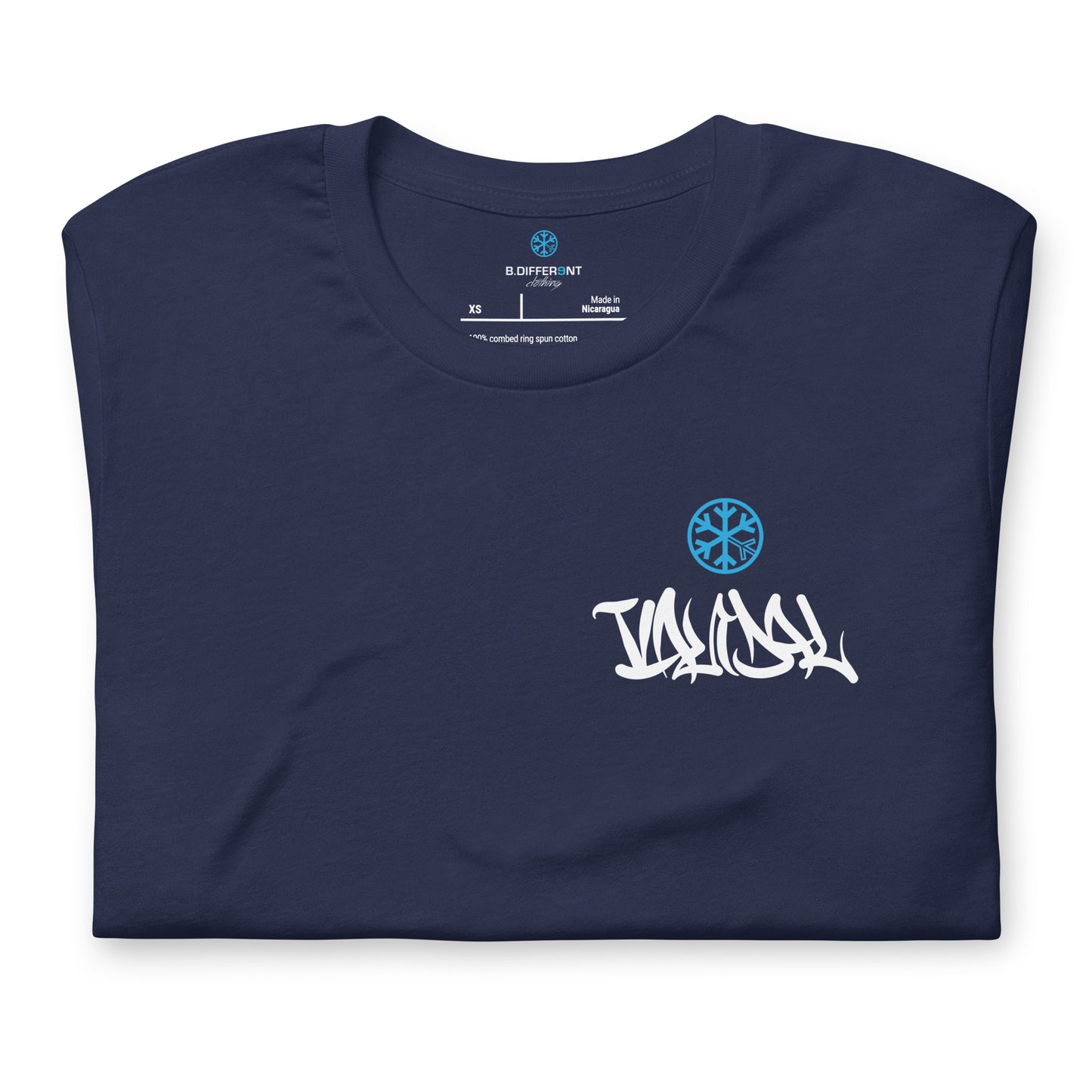 Navy-Vandal Graffiti Writer Tee from B.Different Clothing, folded, graffiti-inspired streetwear t-shirt