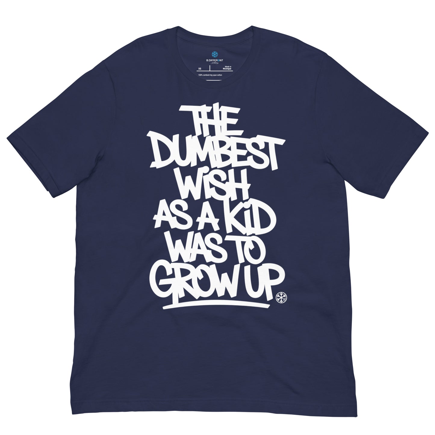 Navy-The Dumbest Wish Graffiti Tag Tee from B.Different Clothing, front view, graffiti-inspired streetwear t-shirt