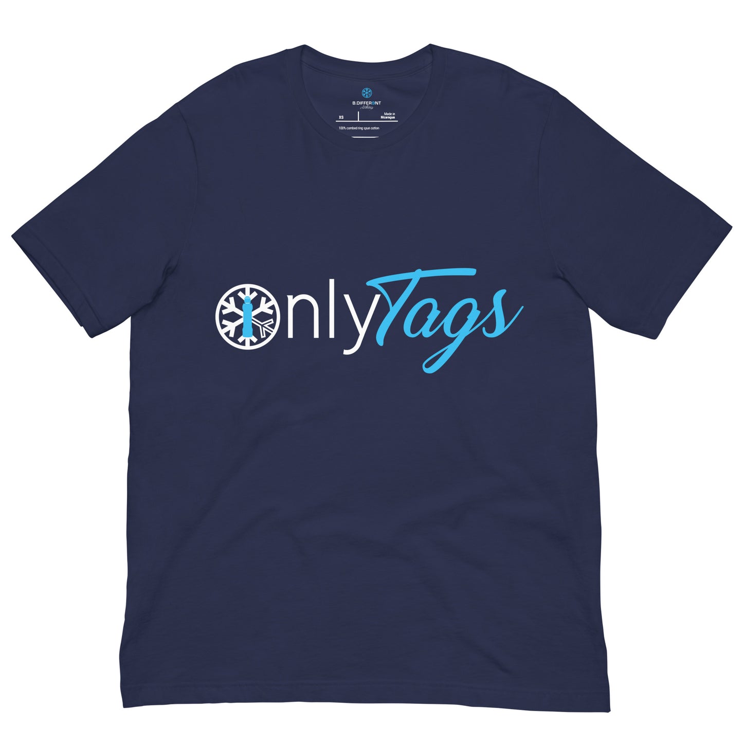 Navy-Only Tags Graffiti Tee from B.Different Clothing, front view, graffiti-inspired streetwear t-shirt