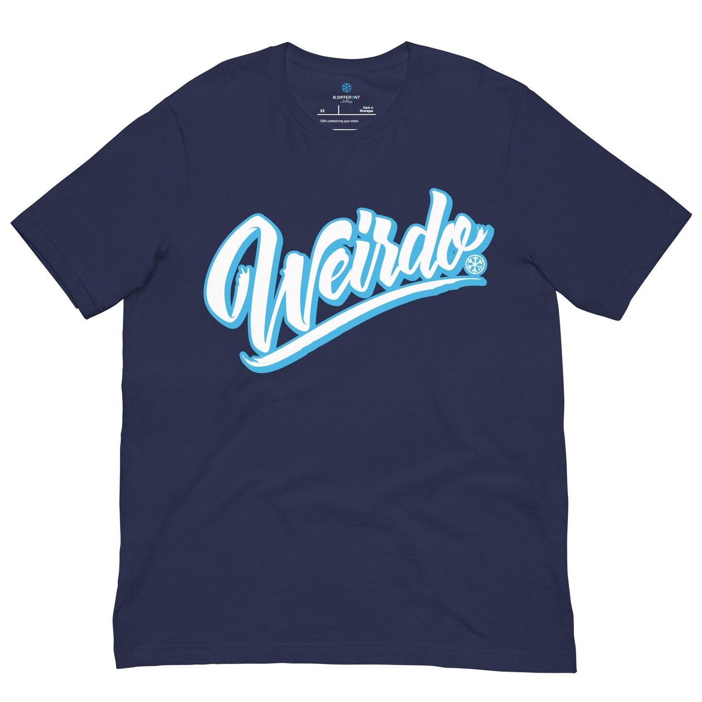 Navy-Weirdo Tee from B.Different Clothing, front view, graffiti-inspired streetwear t-shirt