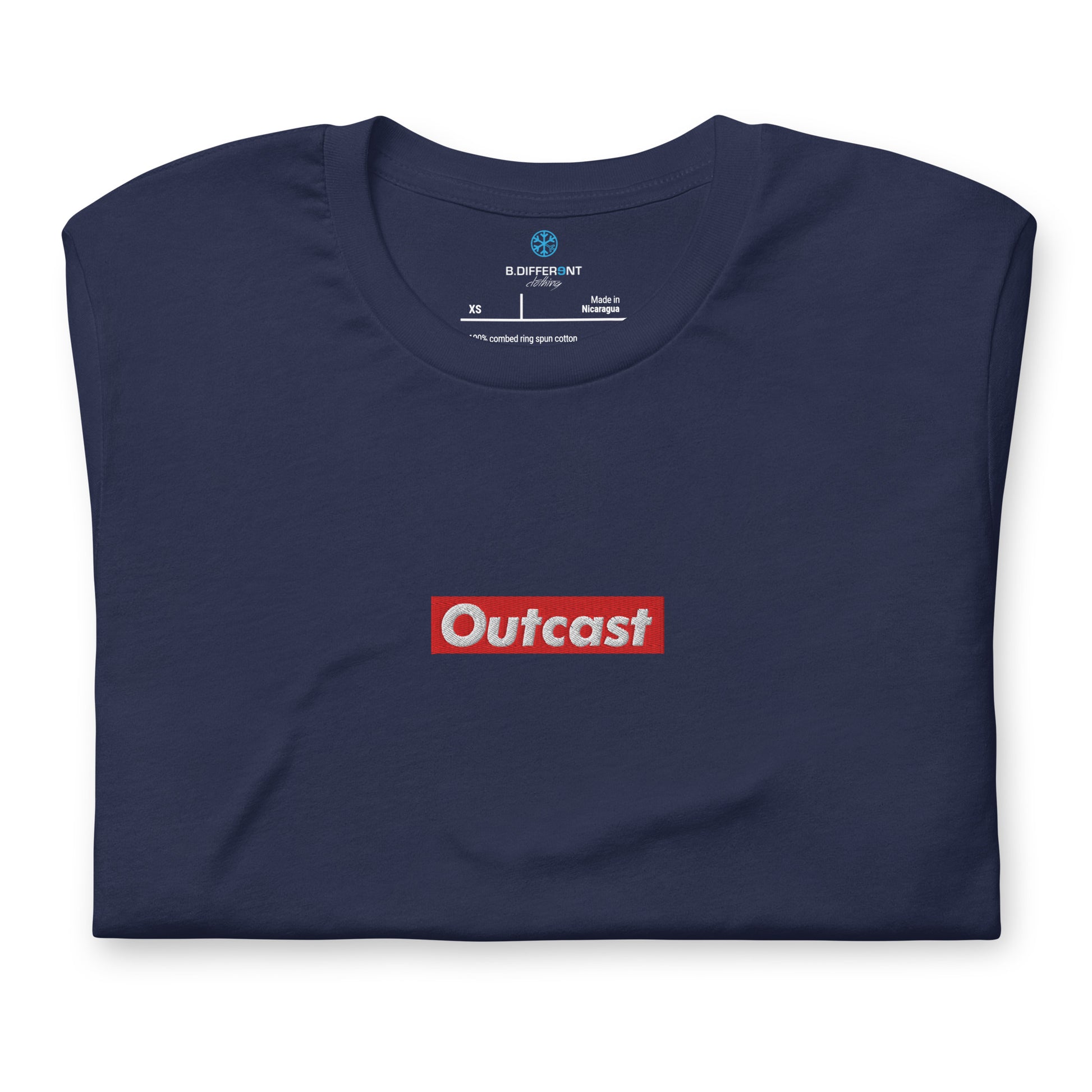 Navy-Outcast Box Tee from B.Different Clothing, folded, graffiti-inspired streetwear t-shirt