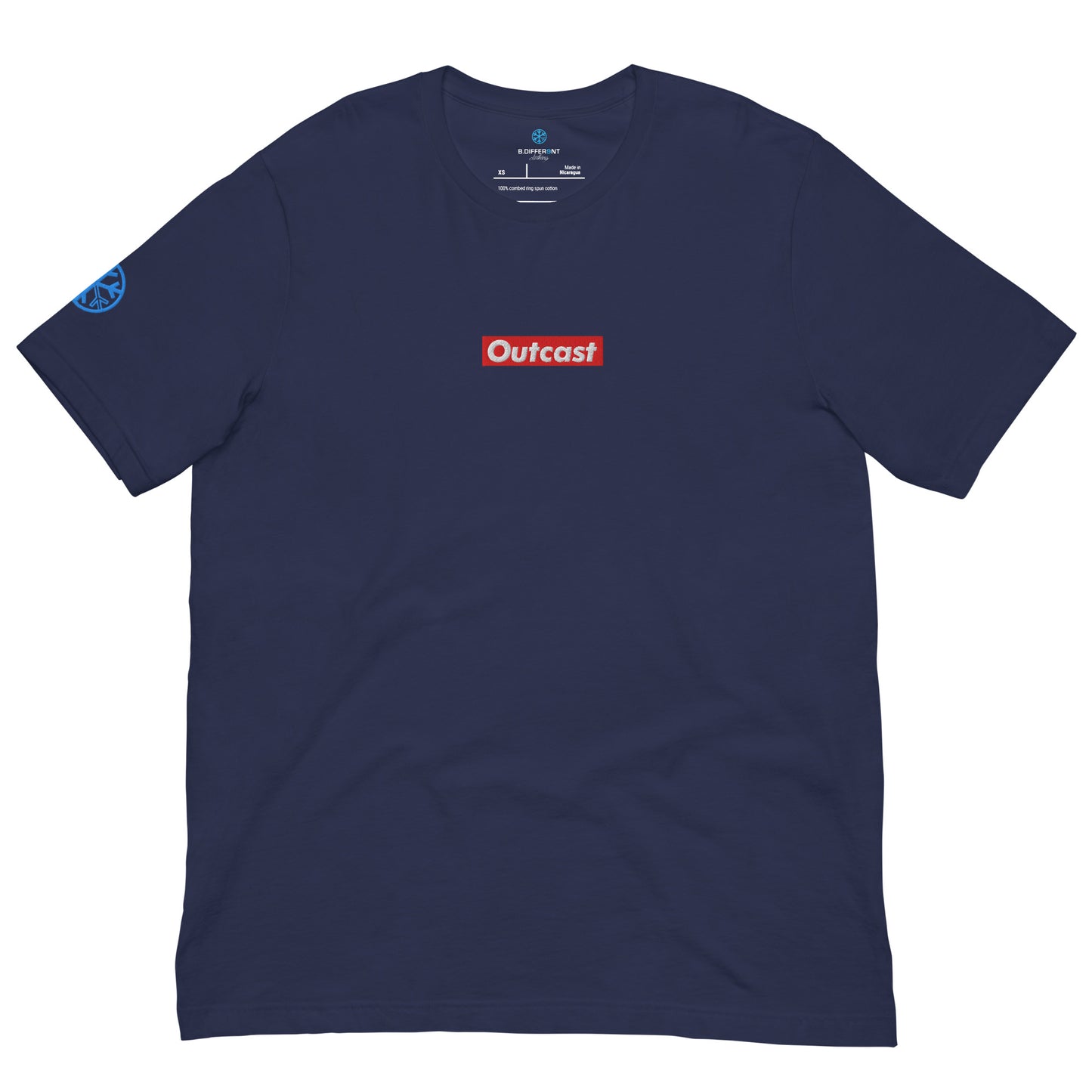 Navy-Outcast Box Tee from B.Different Clothing, front view, graffiti-inspired streetwear t-shirt