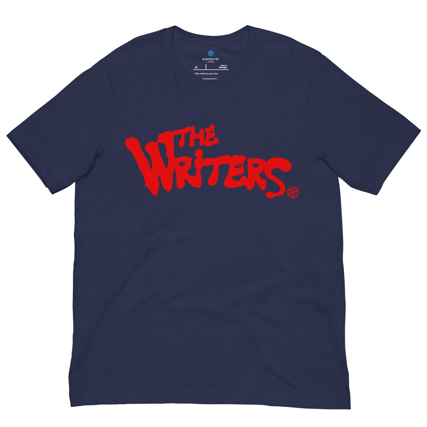 Navy-The Writers Graffiti Lettering Tee from B.Different Clothing, front view, graffiti-inspired streetwear t-shirt