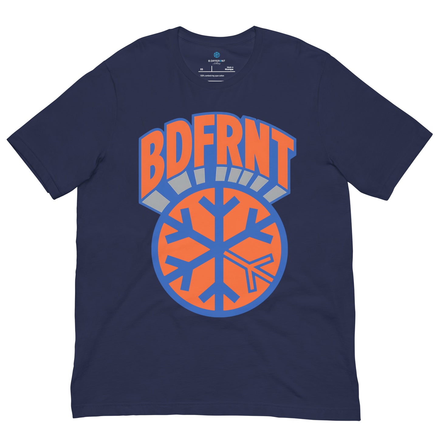 Navy-BDFRNT Logo 1989 Tee from B.Different Clothing, front view, graffiti-inspired streetwear t-shirt