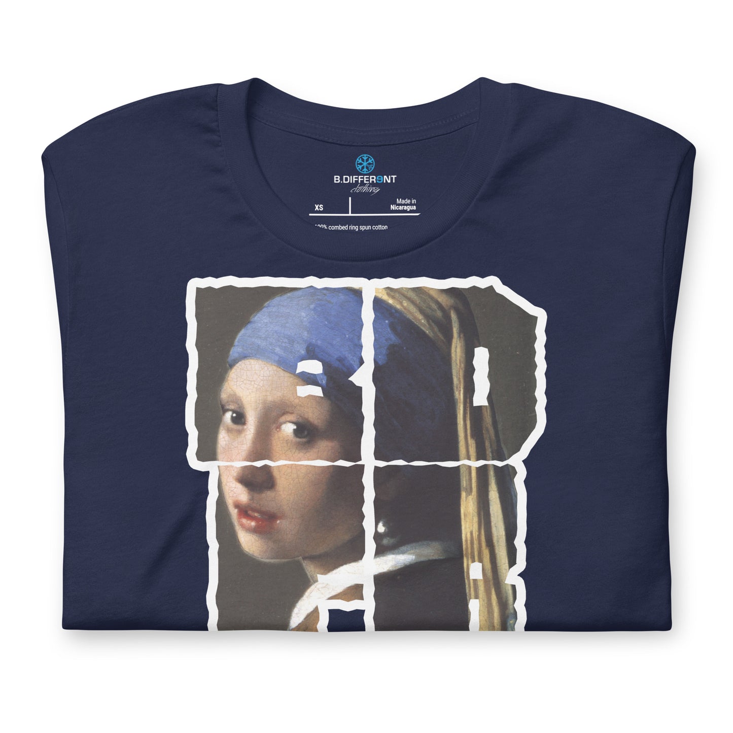 Navy-BDFRNT Blockbuster x Girl With Pearl Earring Tee from B.Different Clothing, front view, graffiti-inspired streetwear