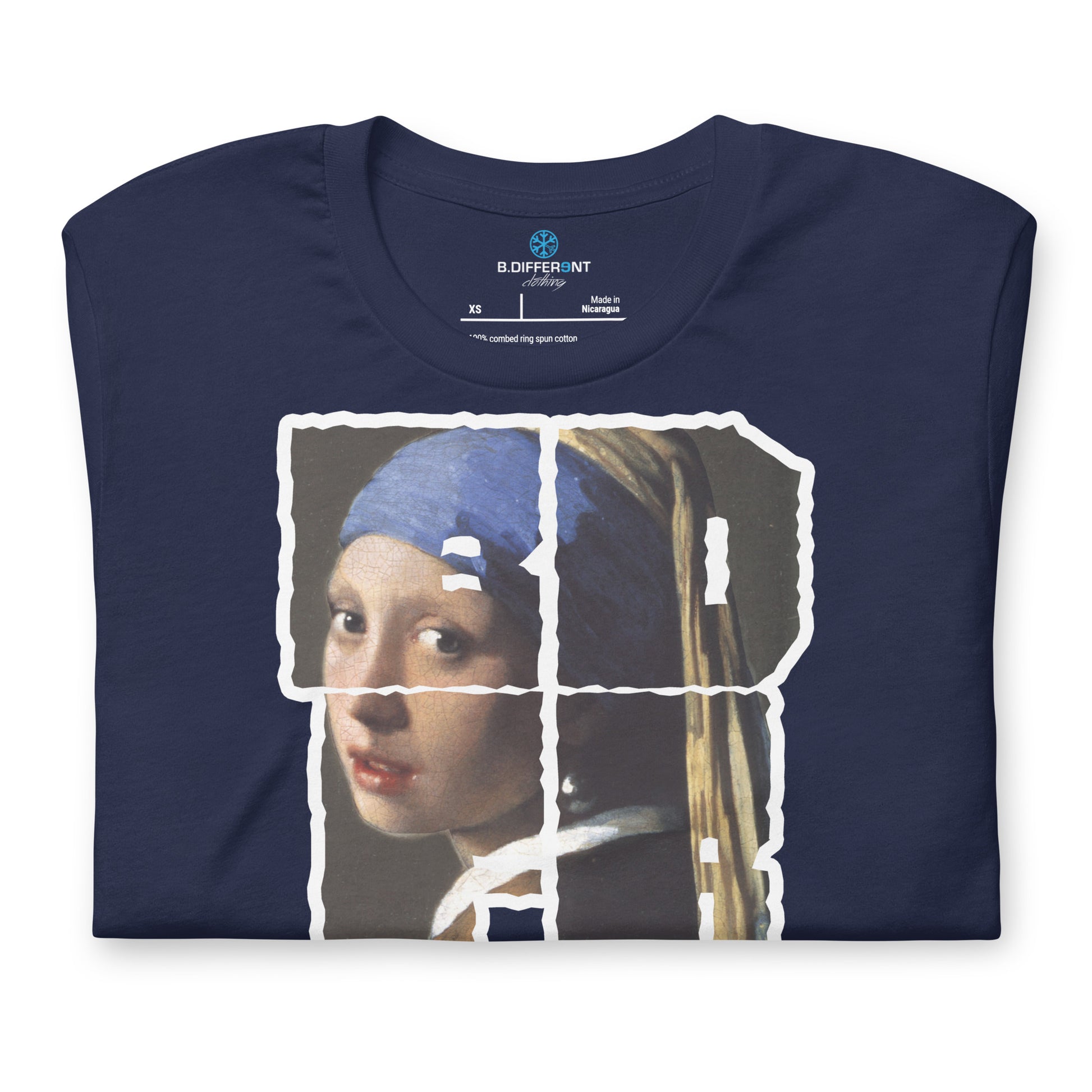 Navy-BDFRNT Blockbuster x Girl With Pearl Earring Tee from B.Different Clothing, front view, graffiti-inspired streetwear