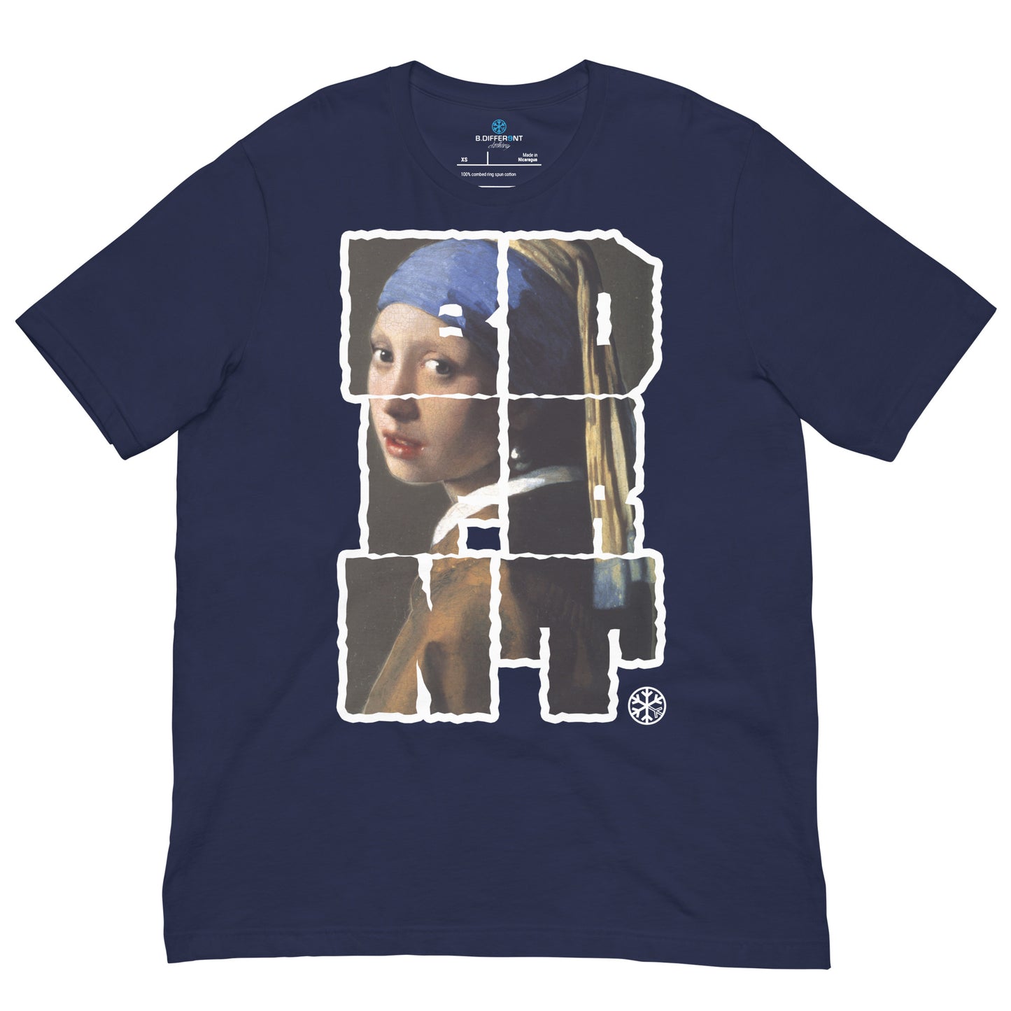 Navy-BDFRNT Blockbuster x Girl With Pearl Earring Tee from B.Different Clothing, front view, graffiti-inspired streetwear