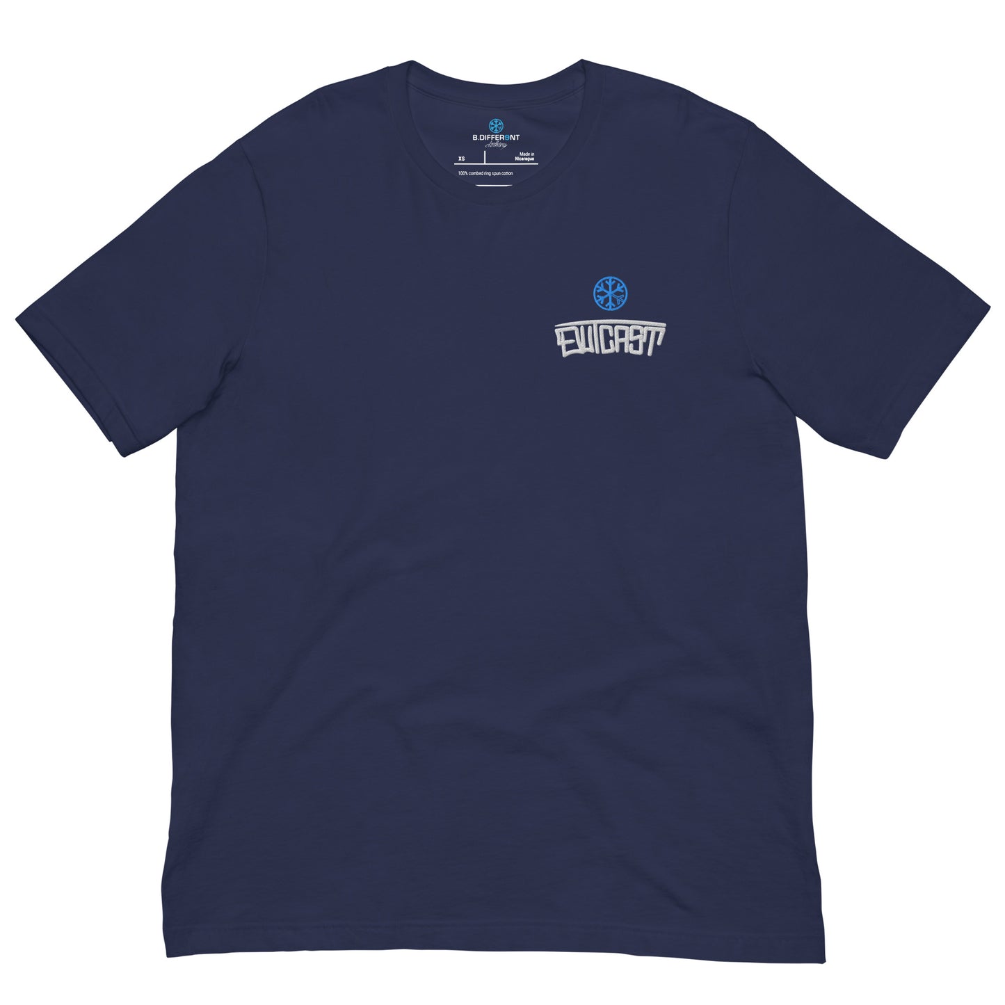 Navy-Outcast Graffiti Tag Tee from B.Different Clothing, front view, graffiti-inspired streetwear t-shirt