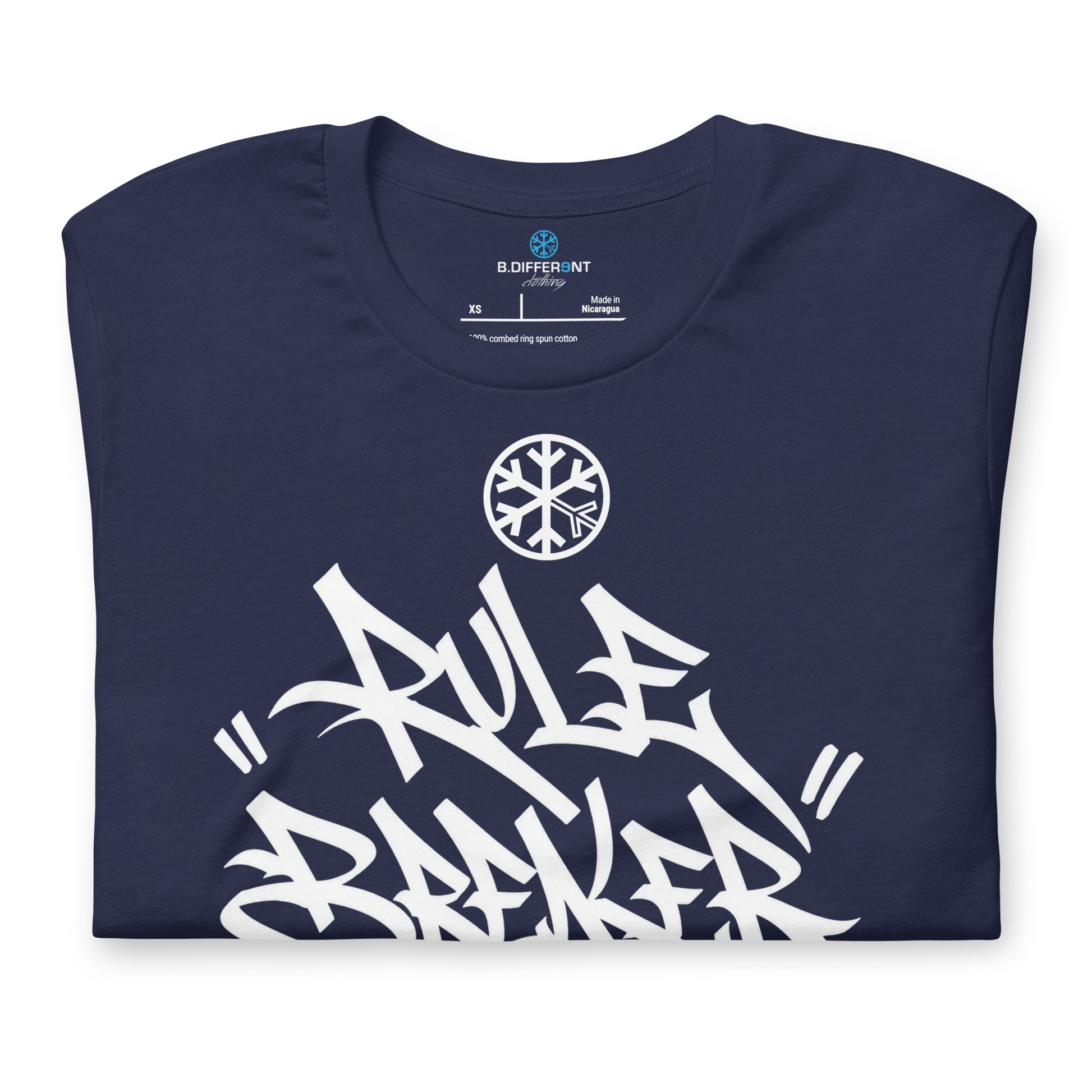 Navy-Rule Breaker Graffiti Tag Tee from B.Different Clothing, folded, graffiti-inspired streetwear