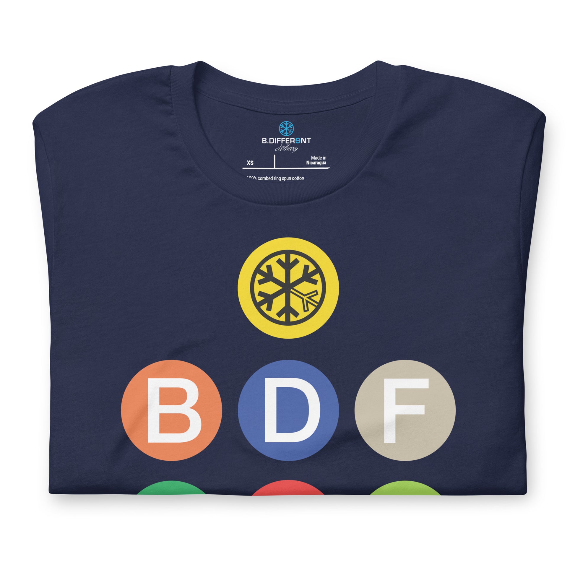 Navy-BDFRNT NYC Subway Tee from B.Different Clothing, folded, graffiti-inspired streetwear