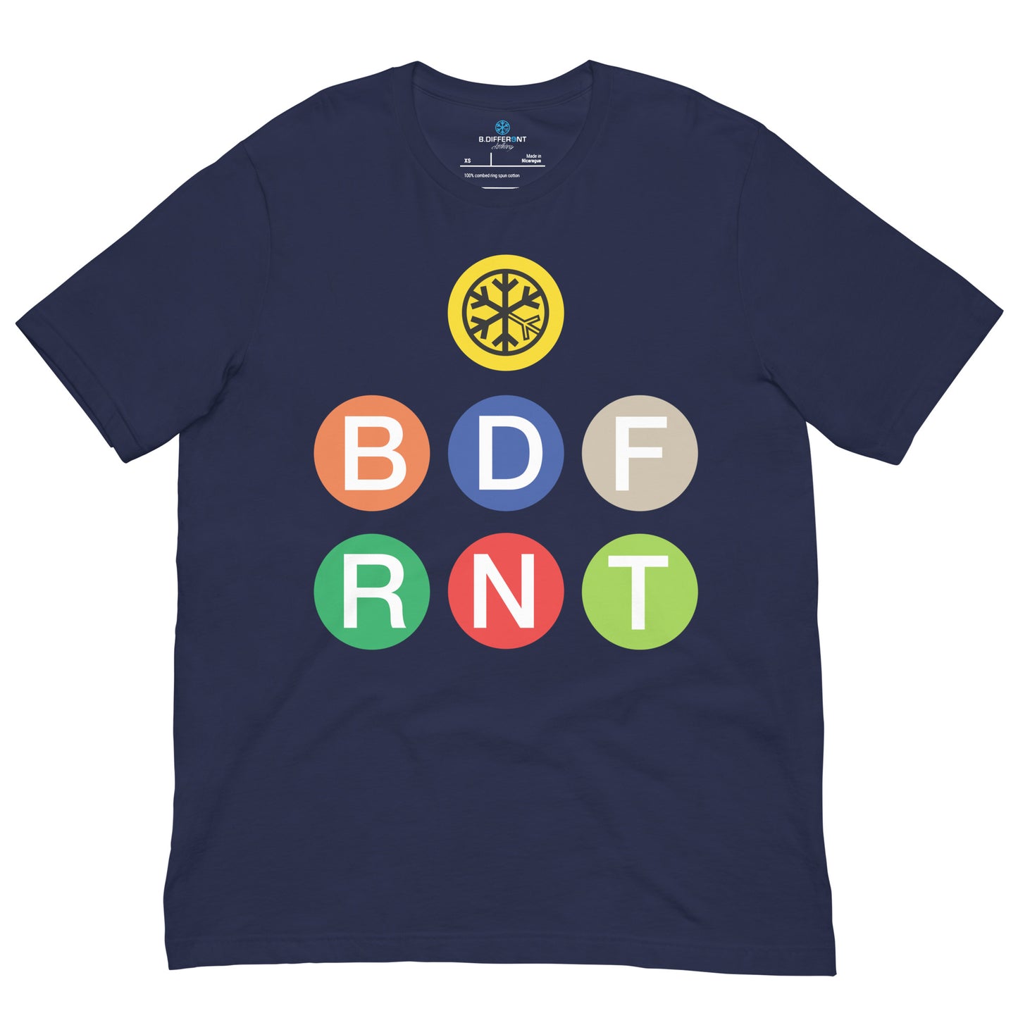 Navy-BDFRNT NYC Subway Tee from B.Different Clothing, front view, graffiti-inspired streetwear