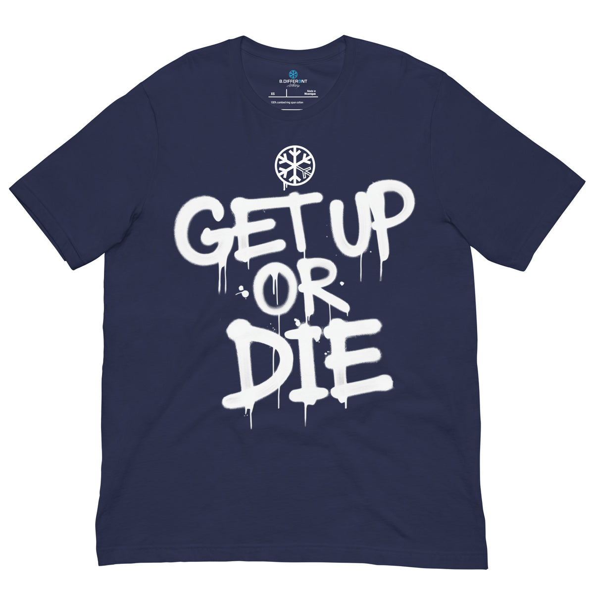 Navy-Get Up or Die Graffiti Tag Tee from B.Different Clothing, front view, graffiti-inspired streetwear t-shirt