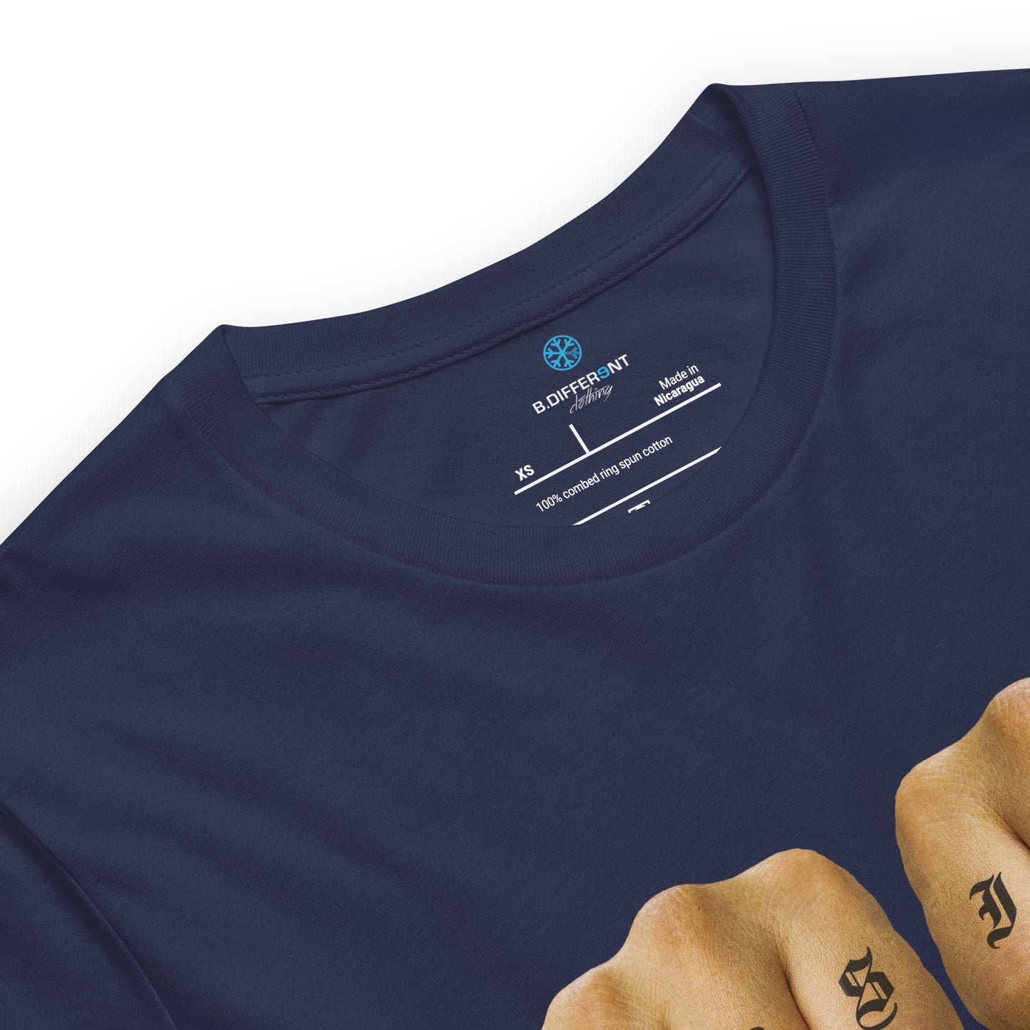 Navy-Outsider Tattoo Tee from B.Different Clothing, collar, graffiti-inspired streetwear t-shirt