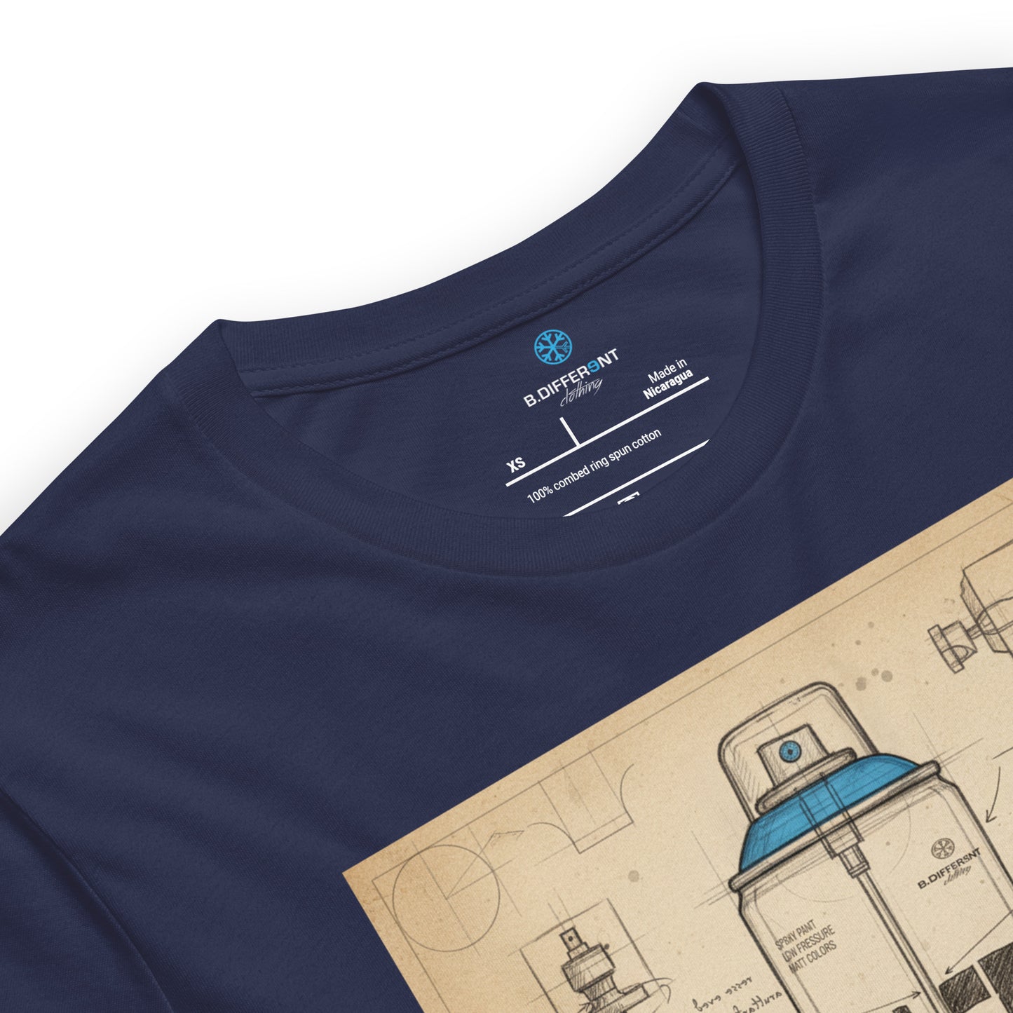 Navy-Spray Can Sketch Graffiti Tee from B.Different Clothing, collar, graffiti-inspired streetwear t-shirt
