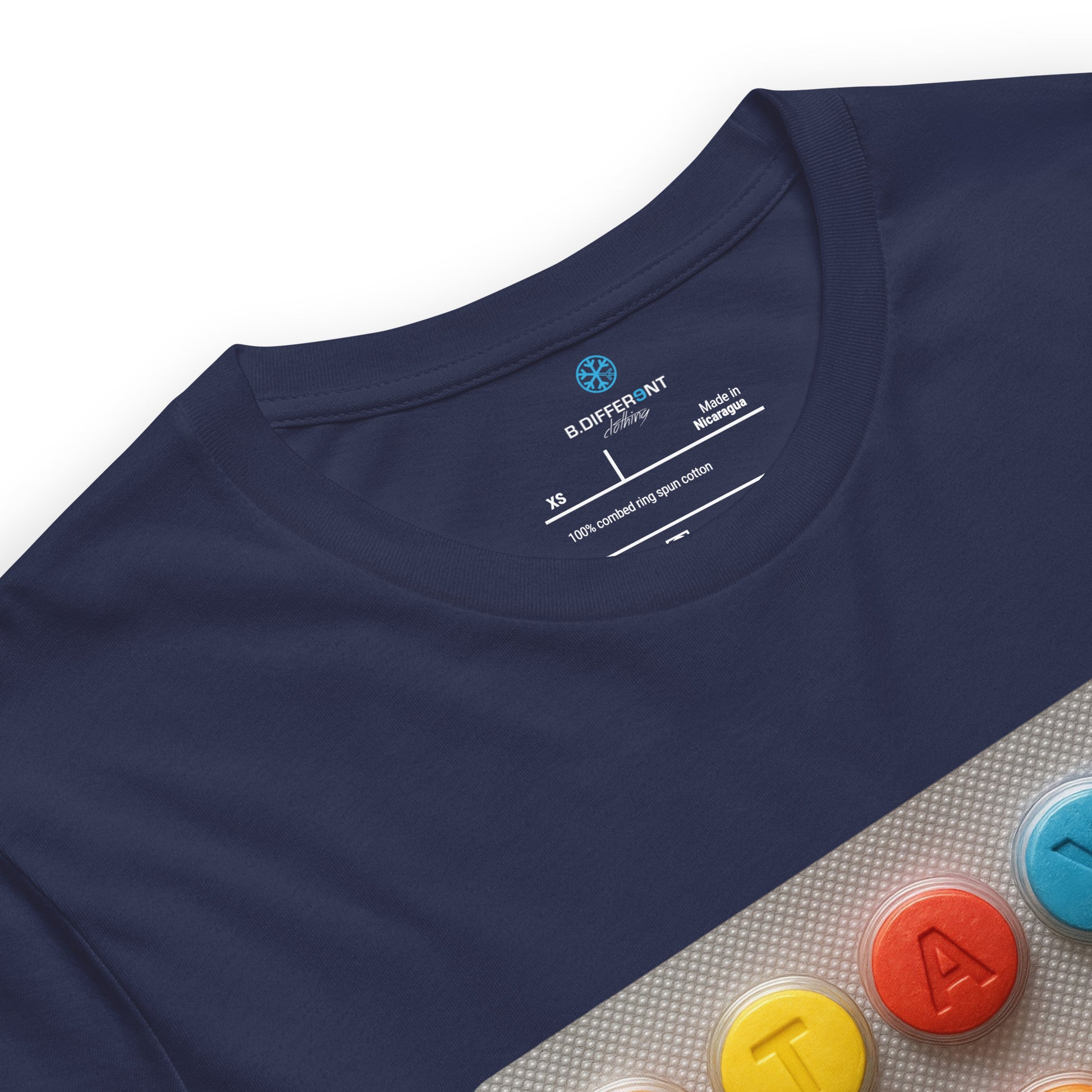 Navy-Stay Weird Pills Tee from B.Different Clothing, collar, graffiti-inspired streetwear t-shirt