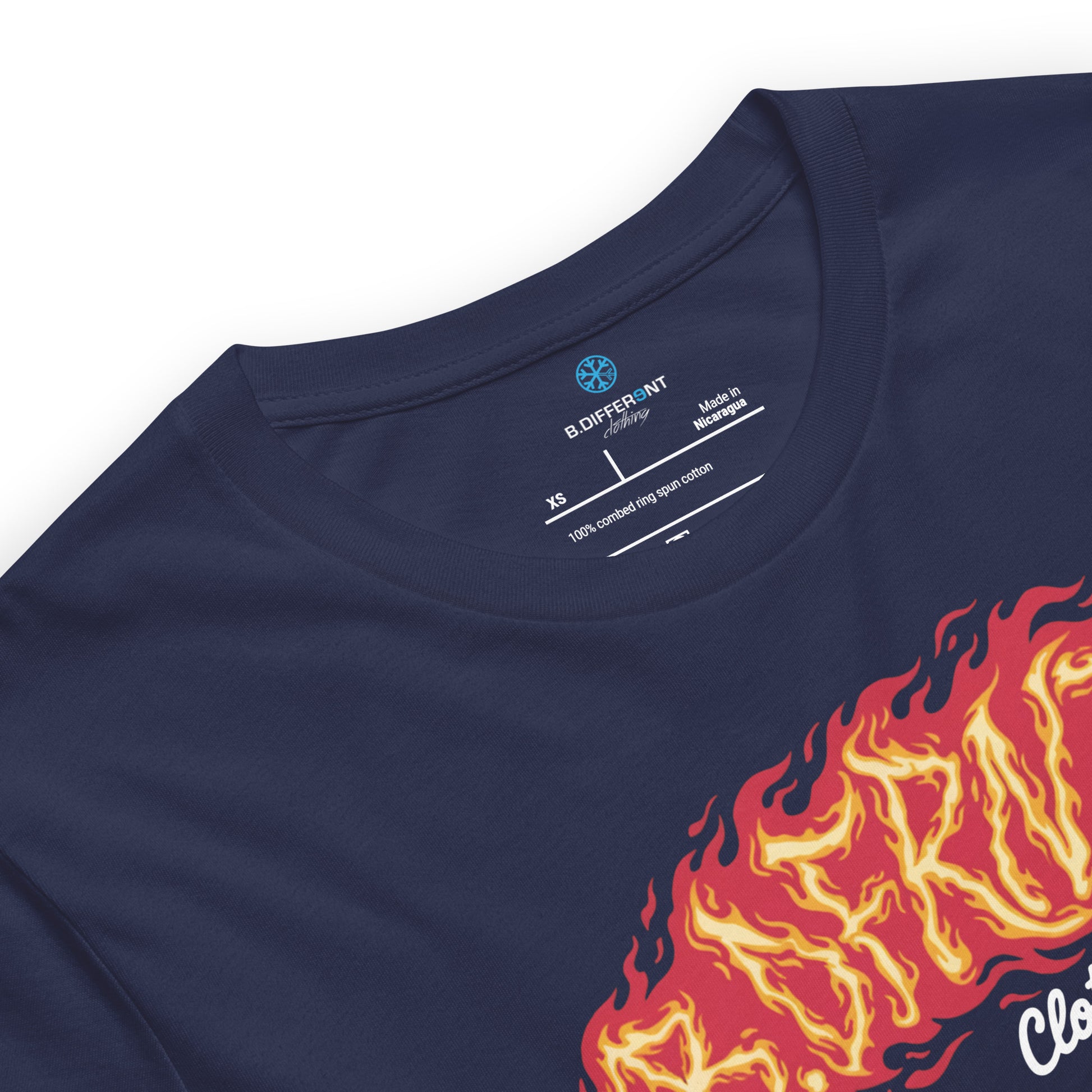 Navy-Molotov Graffiti Tee from B.Different Clothing, collar, graffiti-inspired streetwear t-shirt