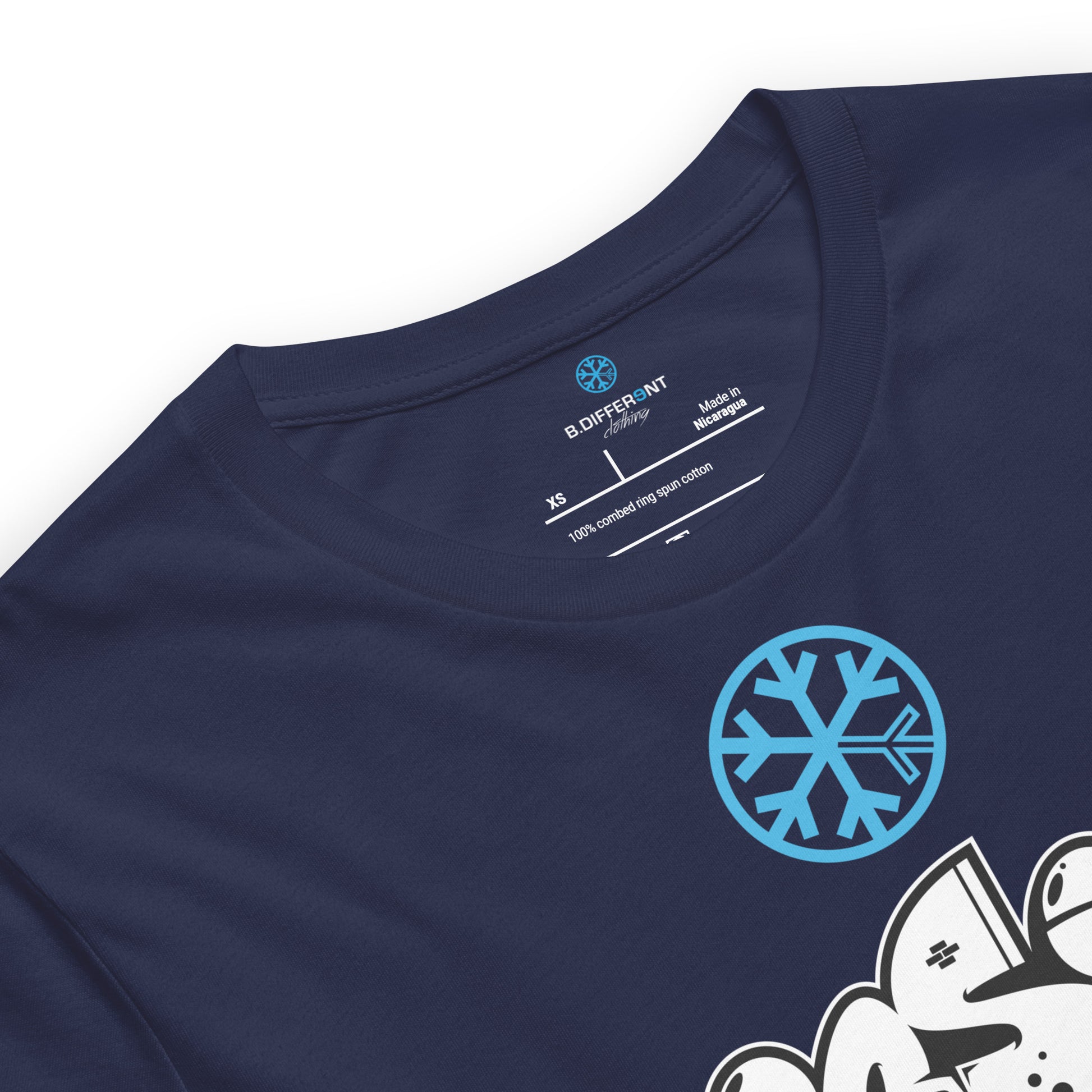 Navy-Mission Graffiti Piece Tee from B.Different Clothing, collar, graffiti-inspired streetwear t-shirt