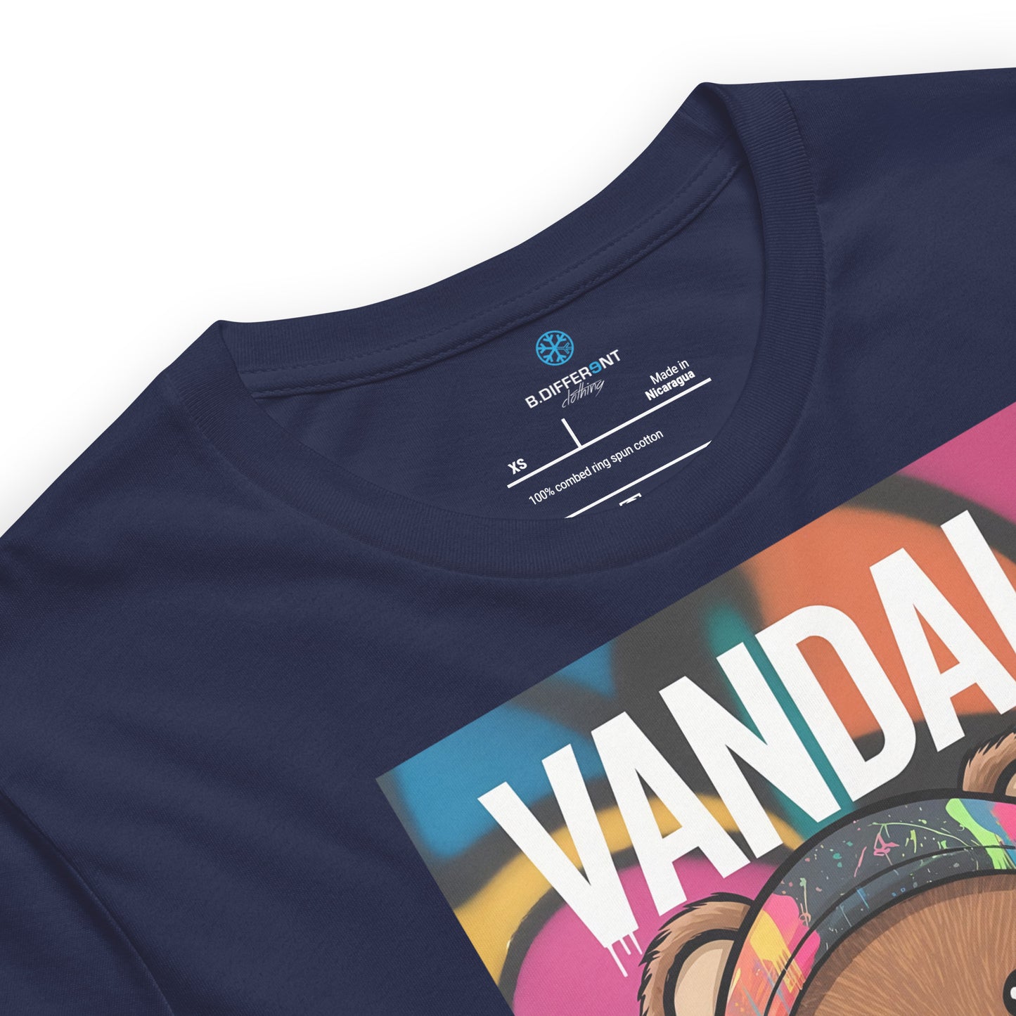 Navy-Vandal Teddy Bear Graffiti Tee from B.Different Clothing, collar, graffiti-inspired streetwear