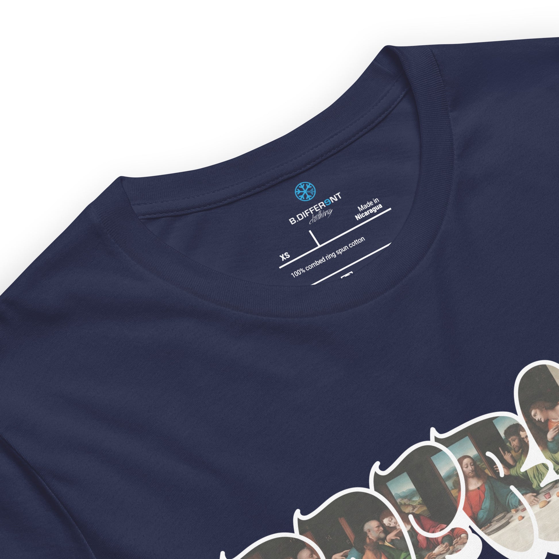 Navy-BDFRNT Throwie x Last Supper Graffiti Tee from B.Different Clothing, collar, graffiti-inspired streetwear t-shirt