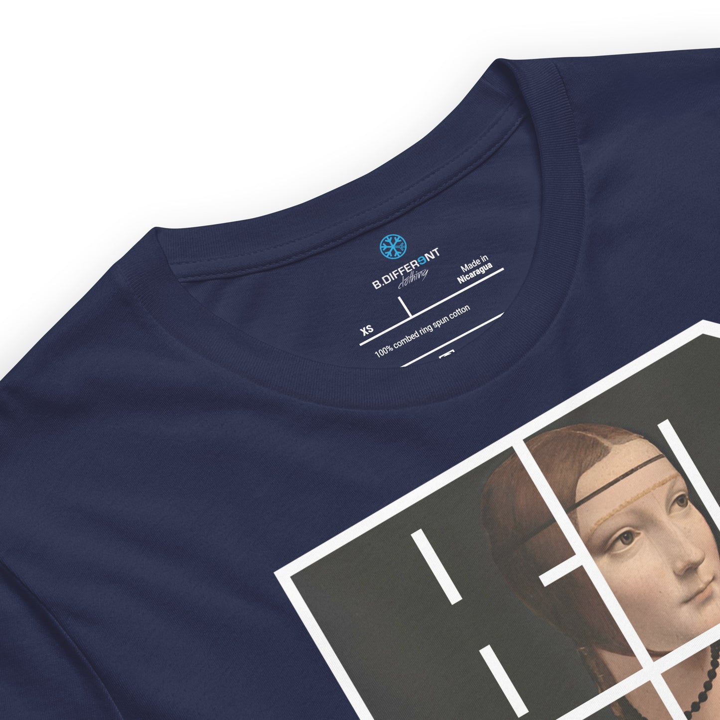 Navy-BDFRNT Blockbuster x Lady With Ermine Graffiti Tee from B.Different Clothing, collar, graffiti-inspired streetwear t-shirt