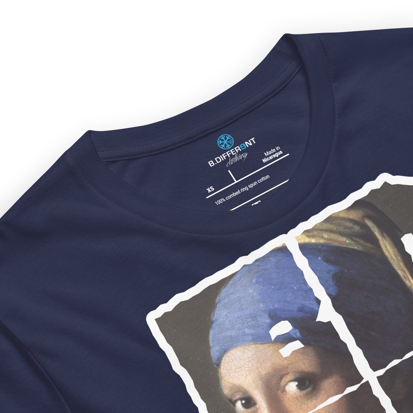 Navy-BDFRNT Blockbuster x Girl With Pearl Earring Tee from B.Different Clothing, detail view, graffiti-inspired streetwear