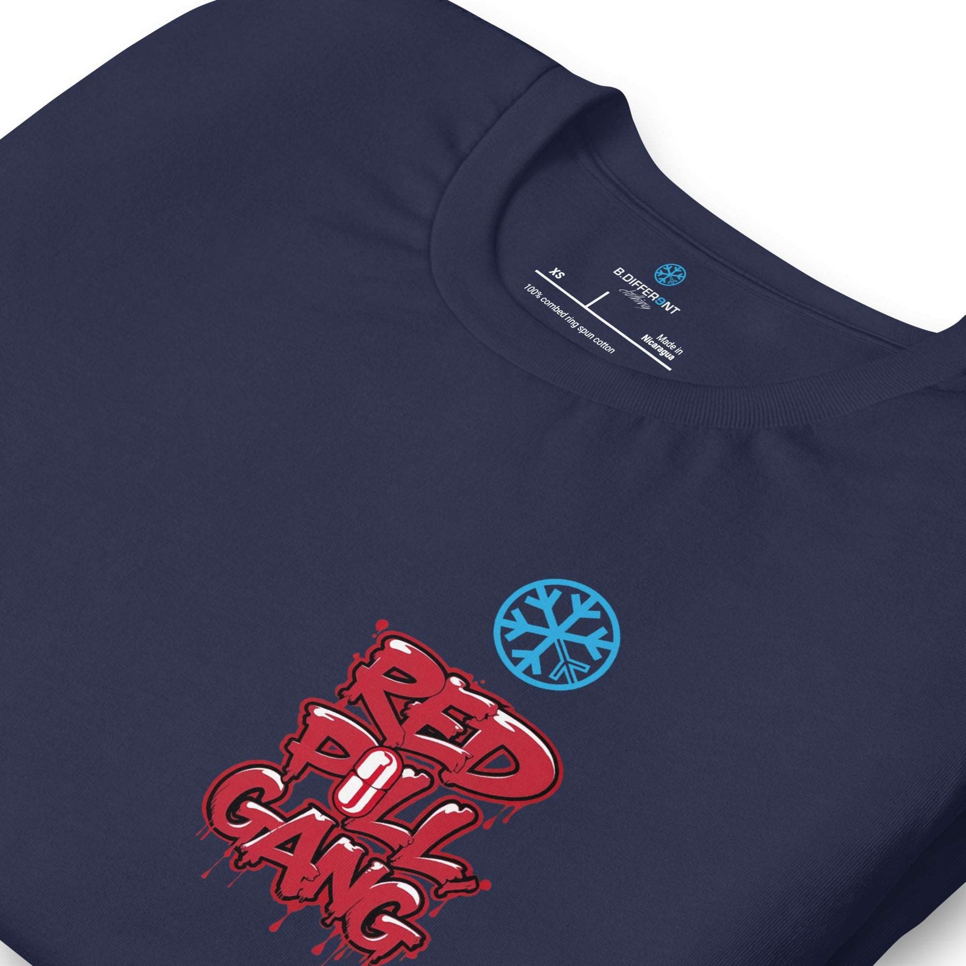 detail of red pill gang tee navy B.Different Clothing graffiti street art inspired independent streetwear brand