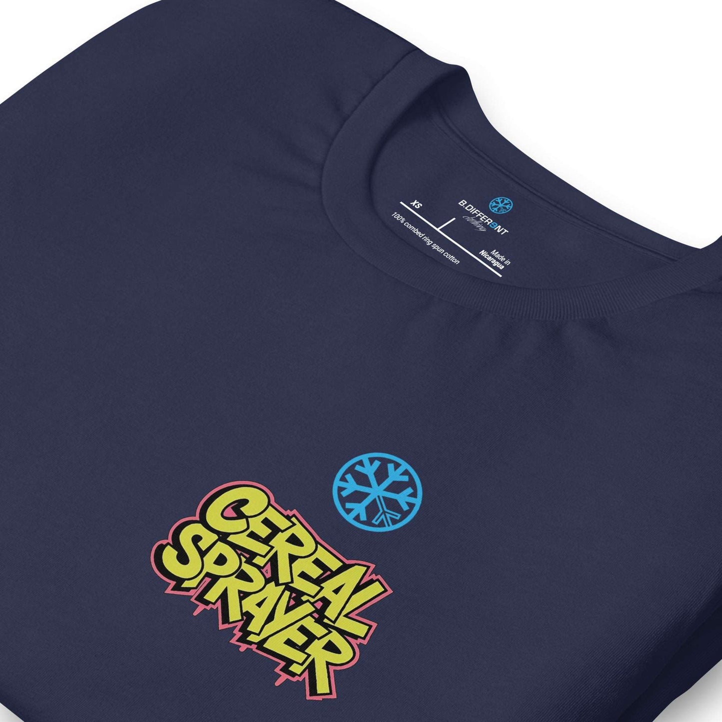 detail of Cereal Sprayer Graffiti Tee navy B.Different Clothing graffiti street art inspired streetwear brand