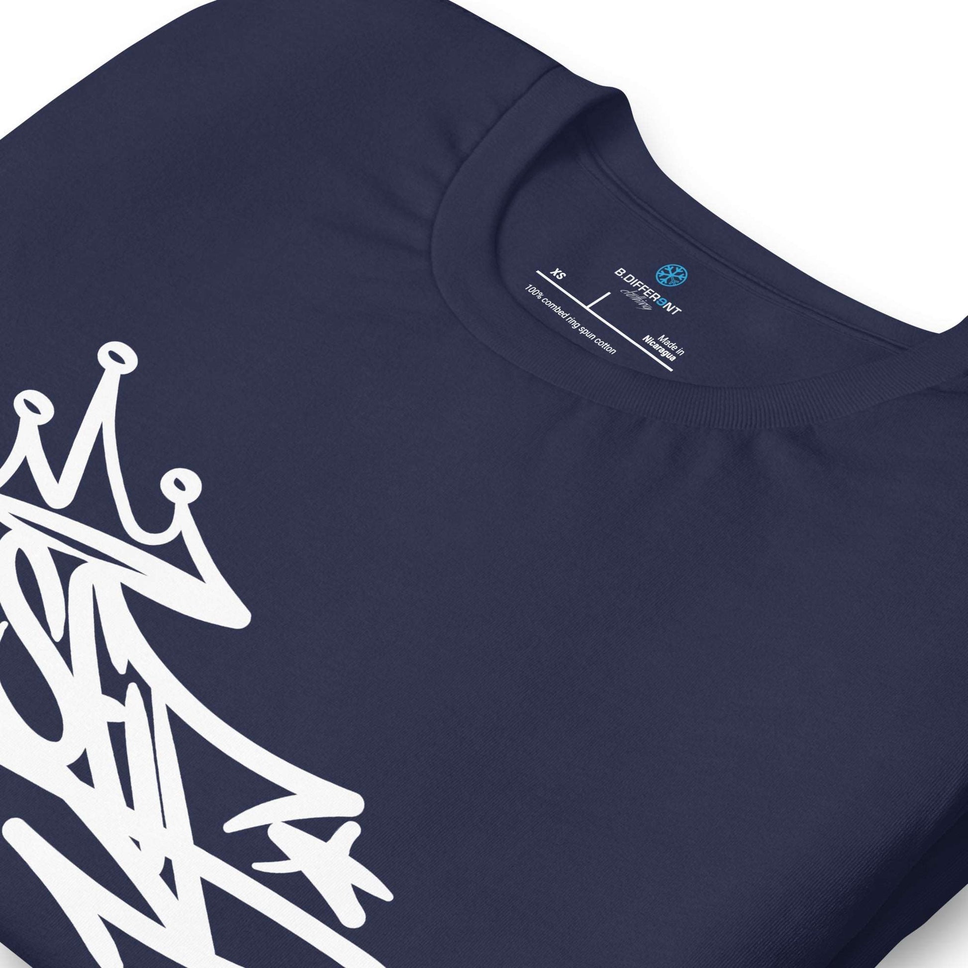 detail of Misfit Graffiti Tag Tee navy B.Different Clothing graffiti street art inspired streetwear brand