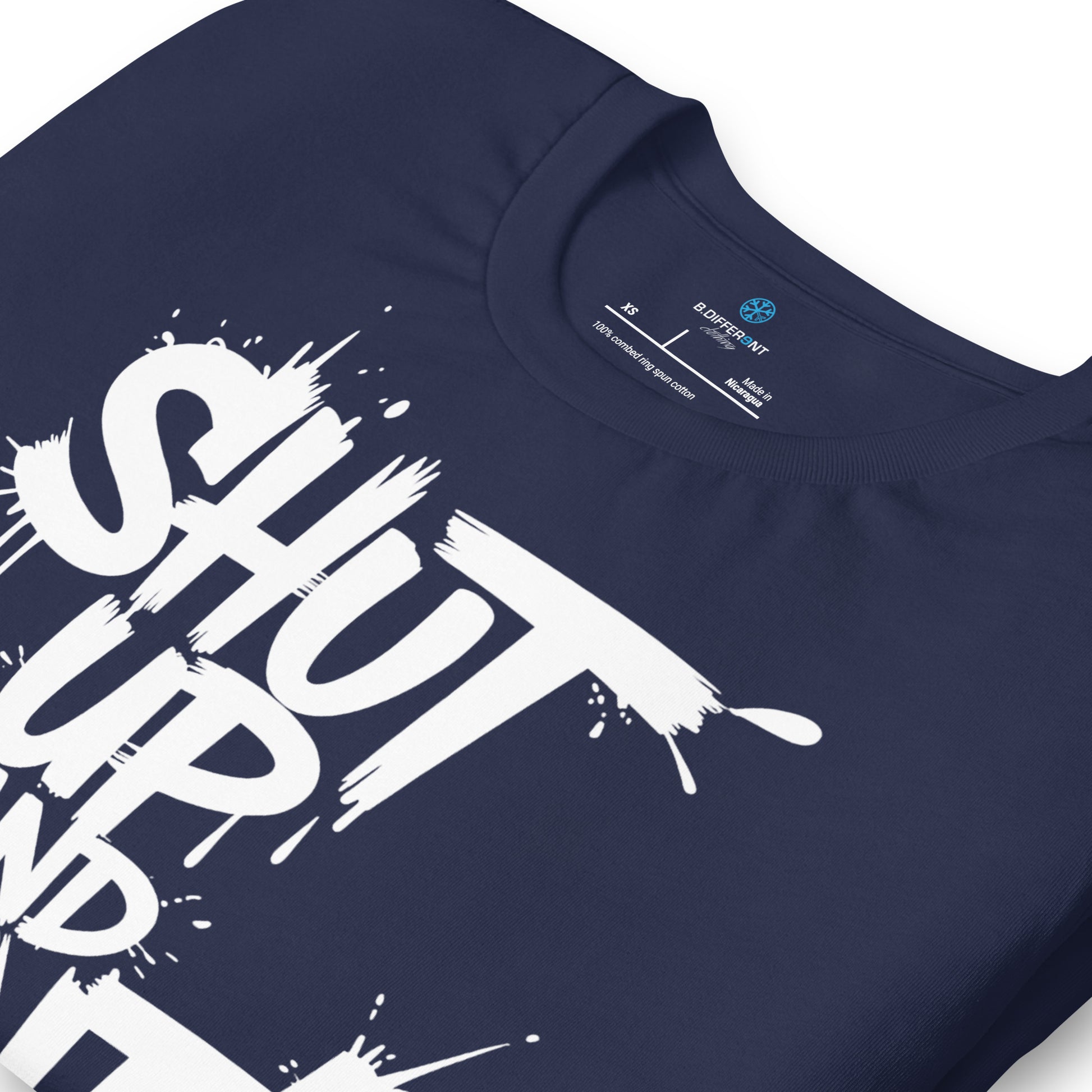Navy-Shut Up and Paint Graffiti Tee from B.Different Clothing, detail, graffiti-inspired streetwear t-shirt