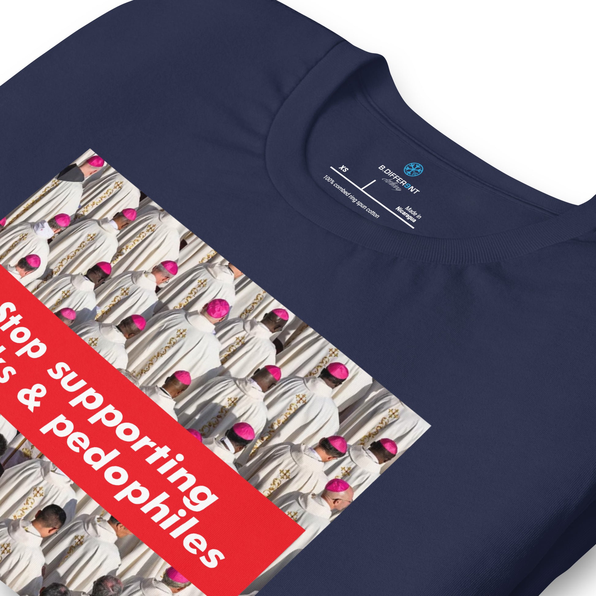 Navy-Vatican Crooks Tee from B.Different Clothing, detail, graffiti-inspired streetwear t-shirt