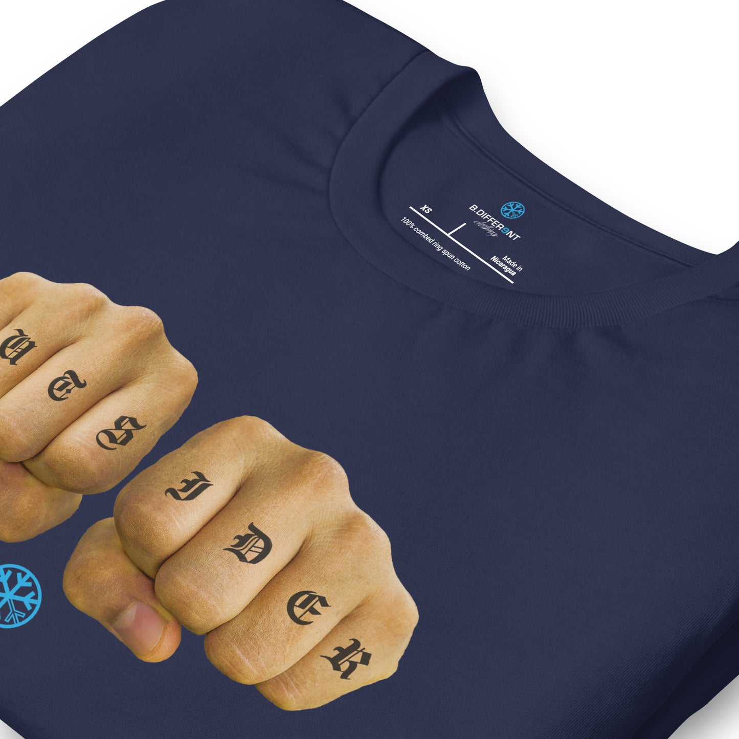 Navy-Outsider Tattoo Tee from B.Different Clothing, detail, graffiti-inspired streetwear t-shirt