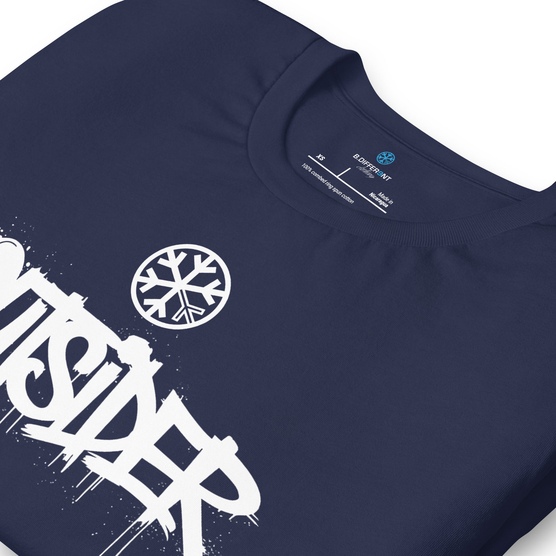 Navy-Outsider Graffiti Tag Tee from B.Different Clothing, detail, graffiti-inspired streetwear t-shirt