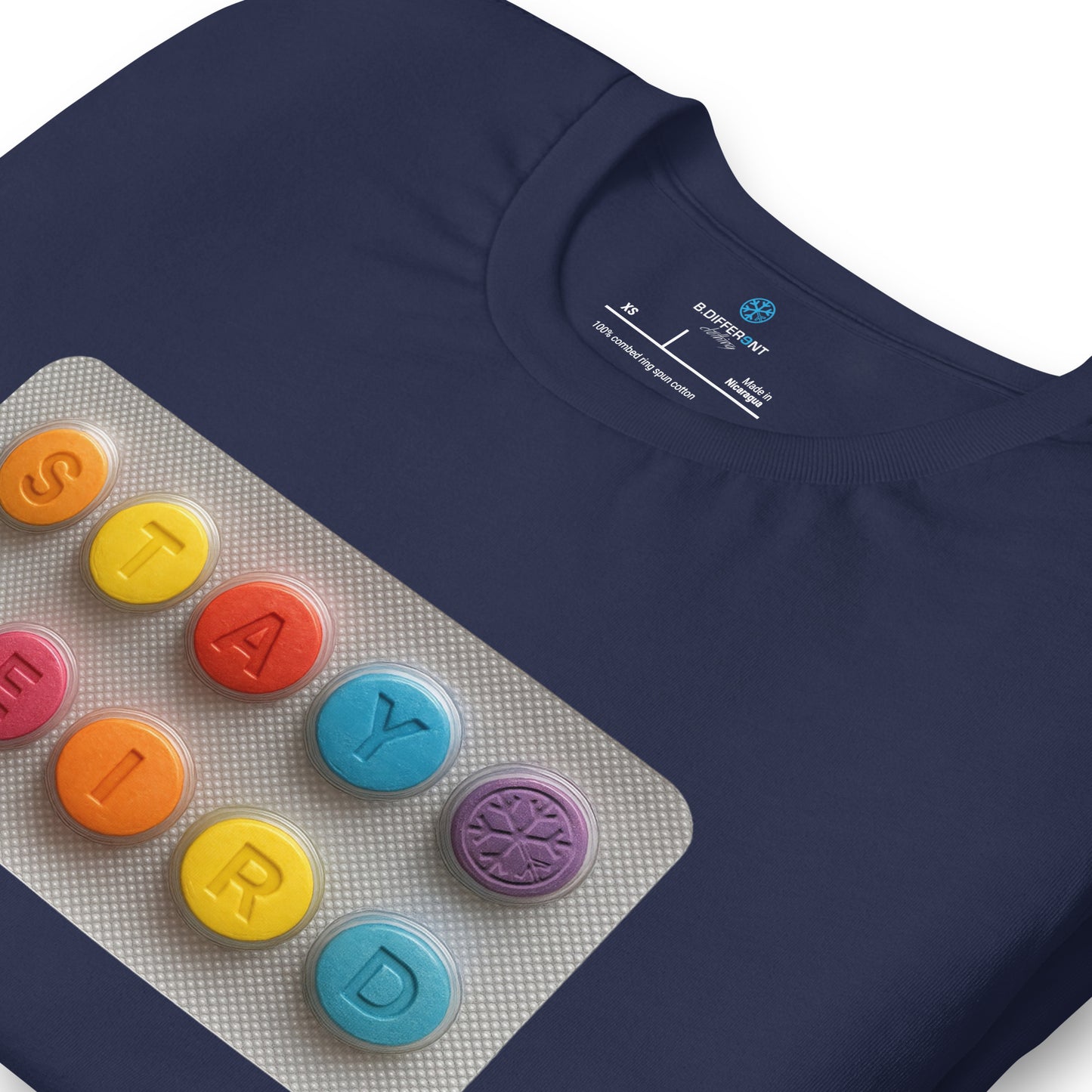 Navy-Stay Weird Pills Tee from B.Different Clothing, detail, graffiti-inspired streetwear t-shirt