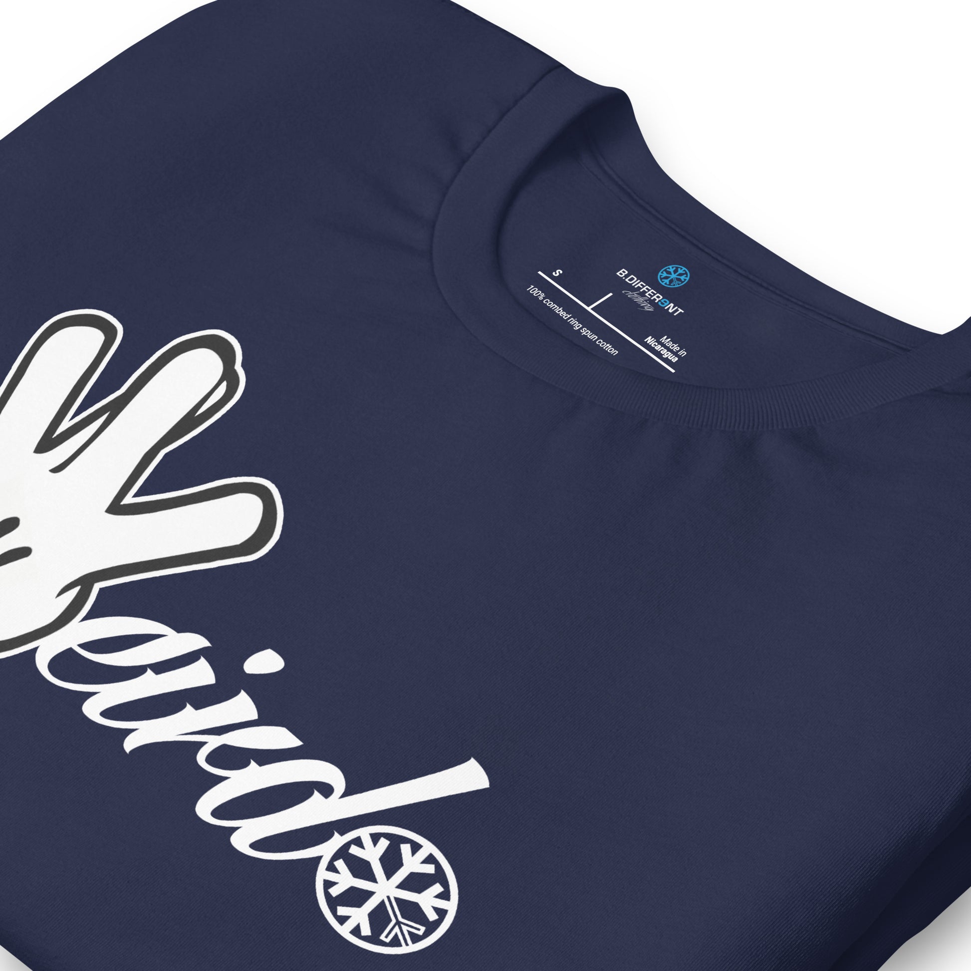 Navy-Weirdo Hand Sign Tee from B.Different Clothing, detail, graffiti-inspired streetwear t-shirt