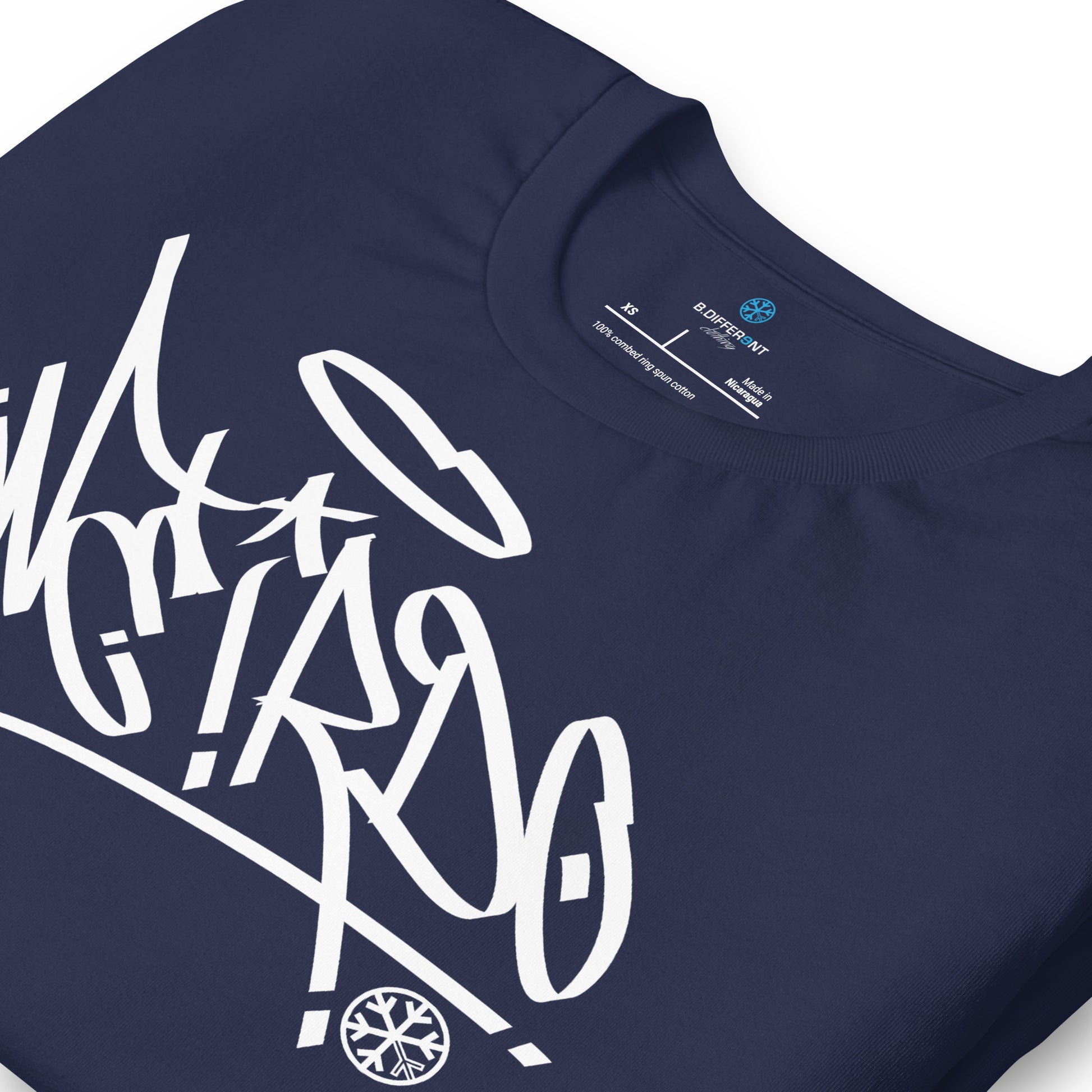 Navy-Weirdo Tag Graffiti Tee from B.Different Clothing, detail, graffiti-inspired streetwear t-shirt