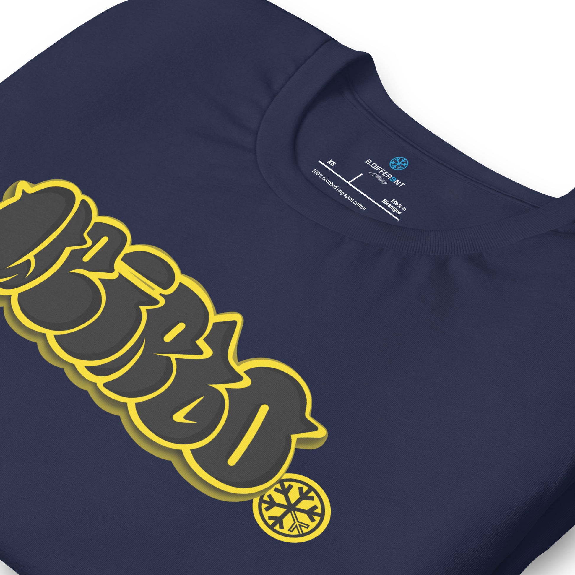 Navy-Weirdo Graffiti Throwie Tee from B.Different Clothing, detail, graffiti-inspired streetwear t-shirt