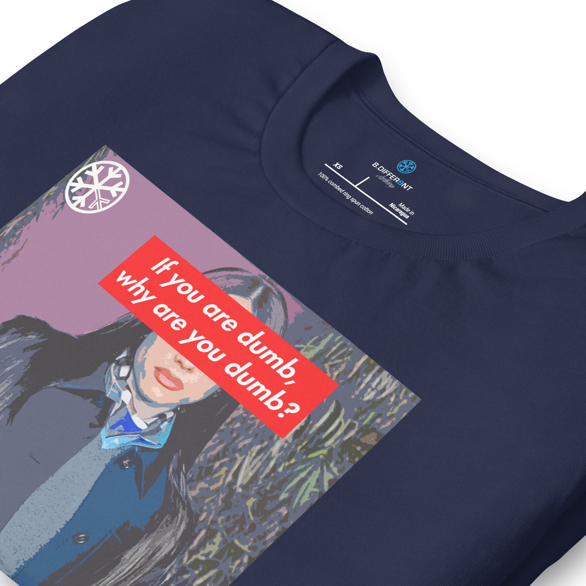 Navy-Why Are You Dumb Tee from B.Different Clothing, detail, graffiti-inspired streetwear t-shirt