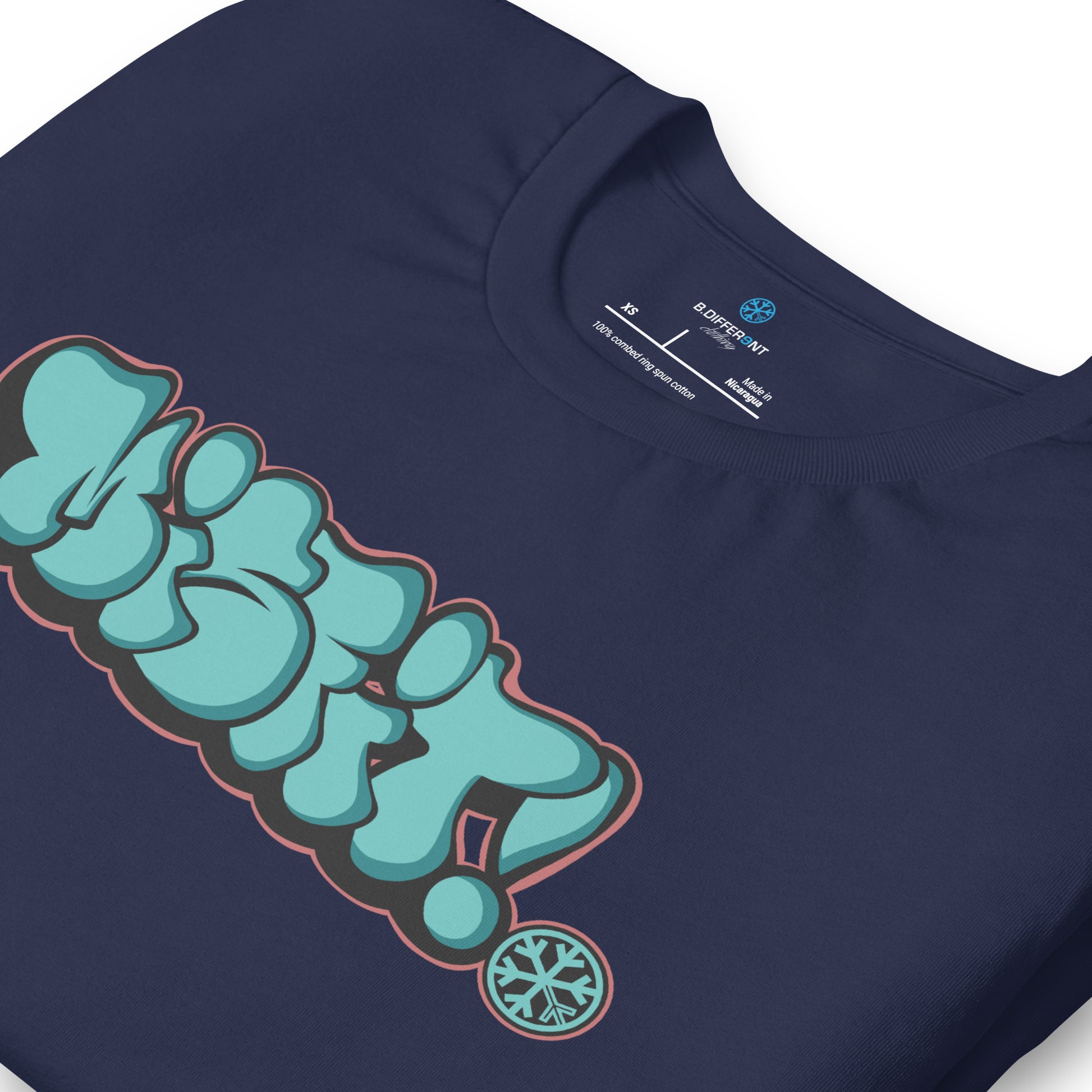 Navy-Misfit Graffiti Throwie Tee from B.Different Clothing, detail, graffiti-inspired streetwear t-shirt