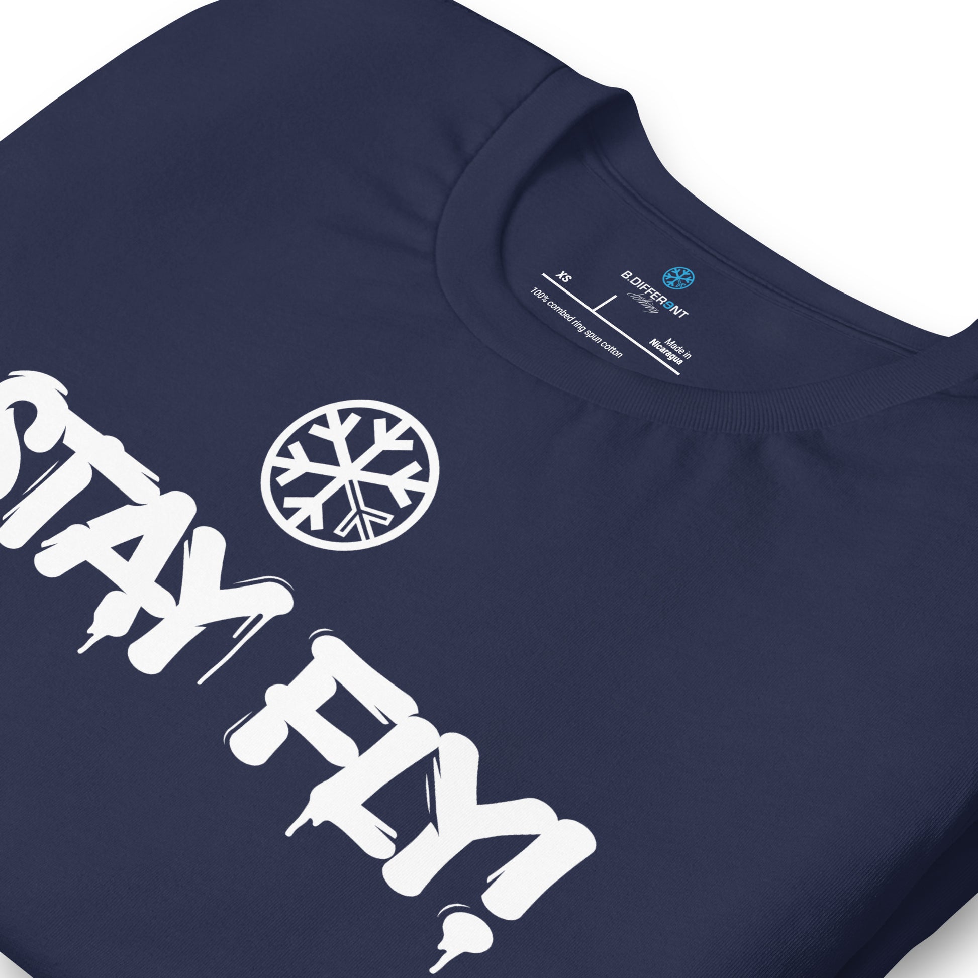 Navy-Stay Fly Graffiti Tag Tee from B.Different Clothing, detail, graffiti-inspired streetwear t-shirt