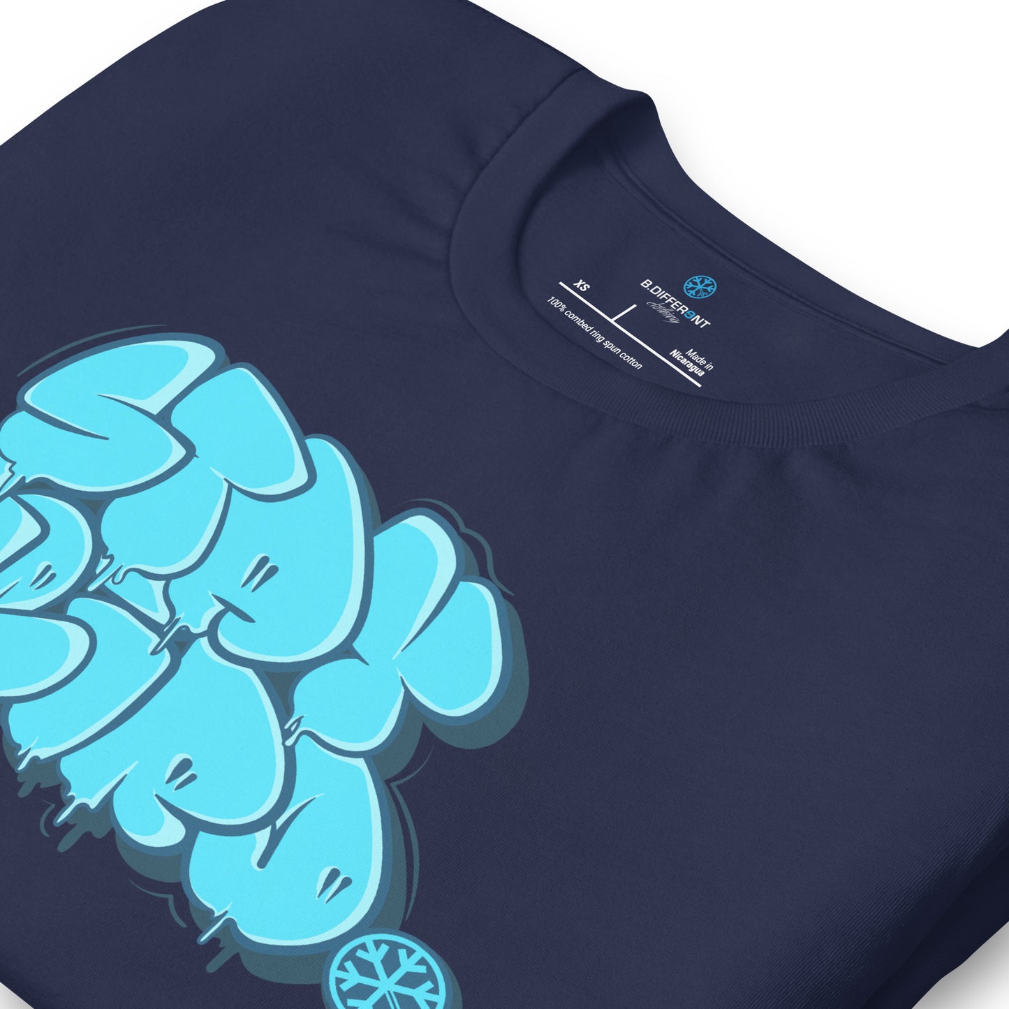 Navy-Stay Weird Graffiti Throw-up Tee from B.Different Clothing, detail, graffiti-inspired streetwear t-shirt