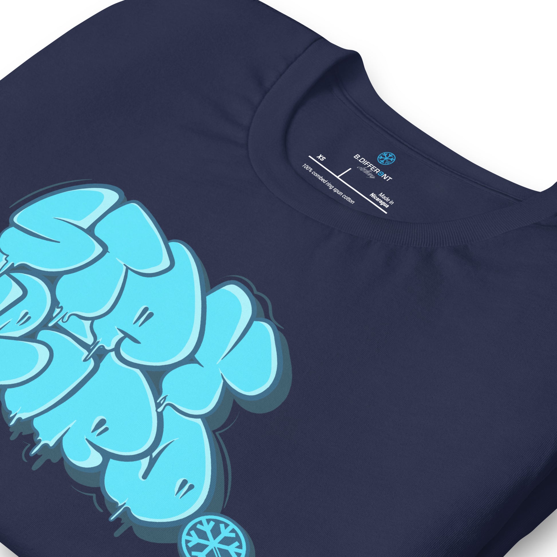 Navy-Stay Weird Graffiti Throw-up Tee from B.Different Clothing, detail, graffiti-inspired streetwear t-shirt