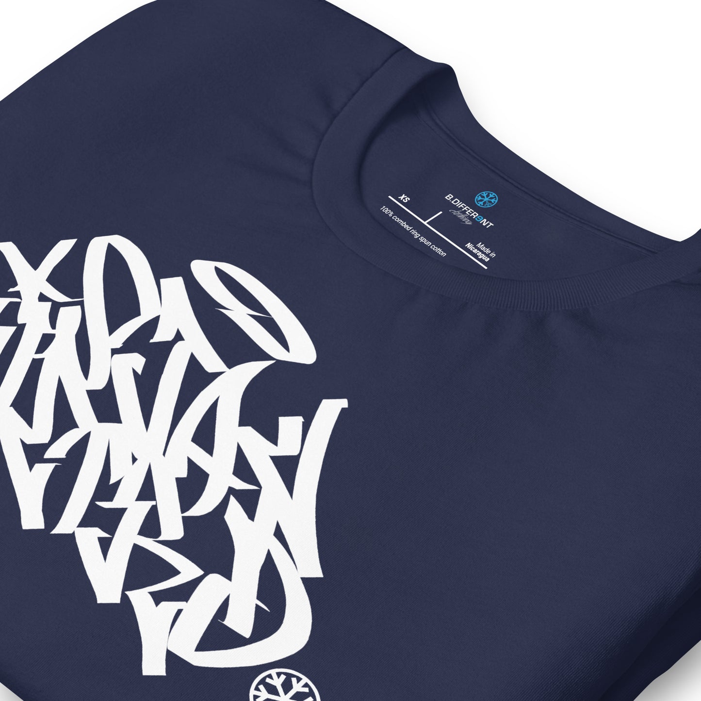 Navy-Stay Weird Graffiti Tag Tee from B.Different Clothing, detail, graffiti-inspired streetwear t-shirt