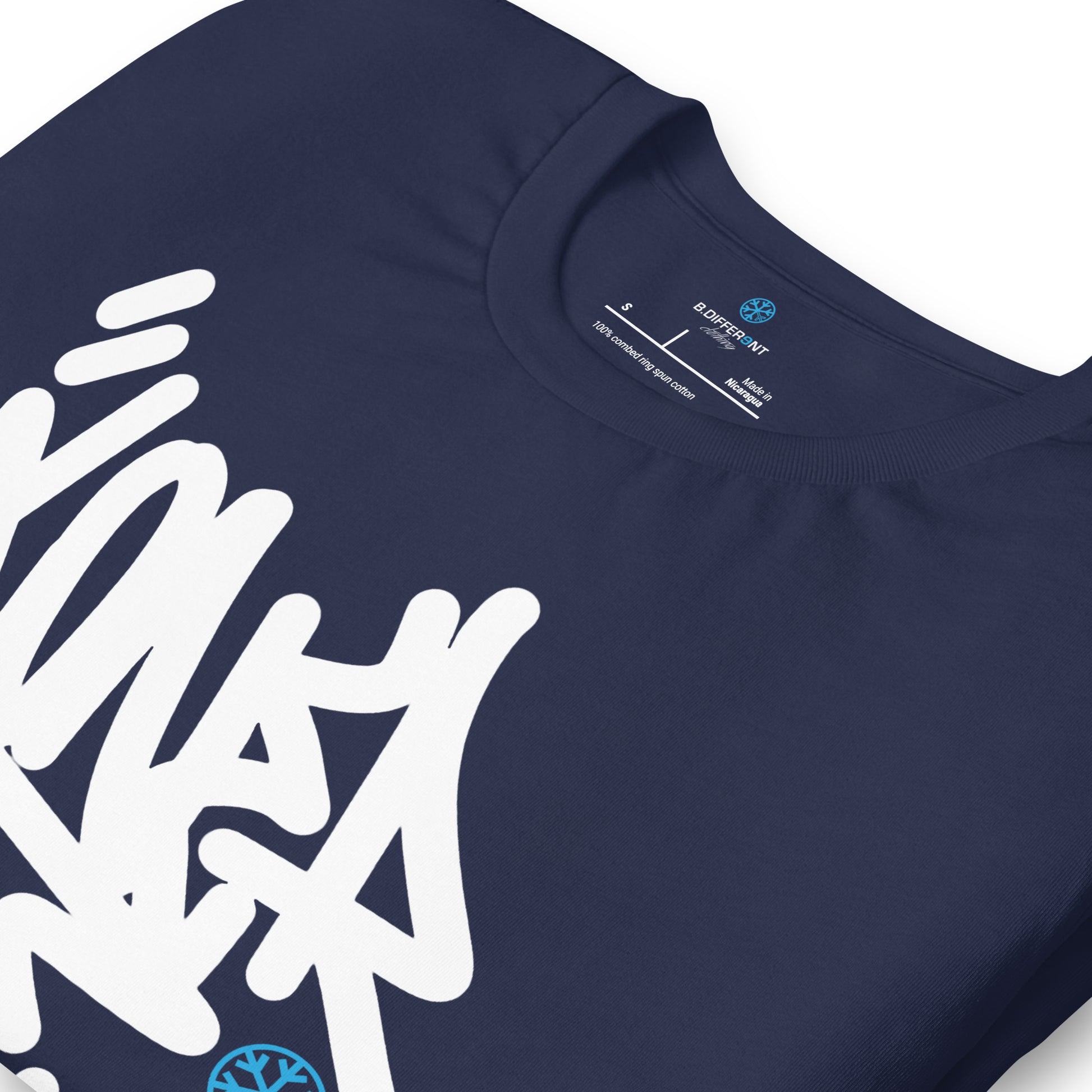 Navy-Loner Graffiti Tag Tee from B.Different Clothing, detail, graffiti-inspired streetwear t-shirt