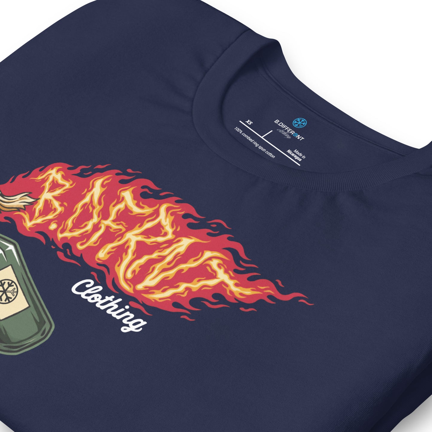 Navy-Molotov Graffiti Tee from B.Different Clothing, detail, graffiti-inspired streetwear t-shirt