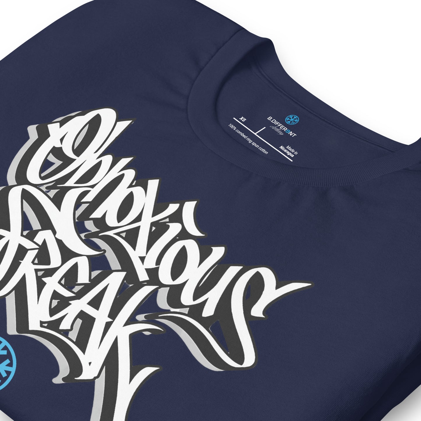 Navy-Obnoxious Freak Graffiti Tee from B.Different Clothing, detail, graffiti-inspired streetwear t-shirt