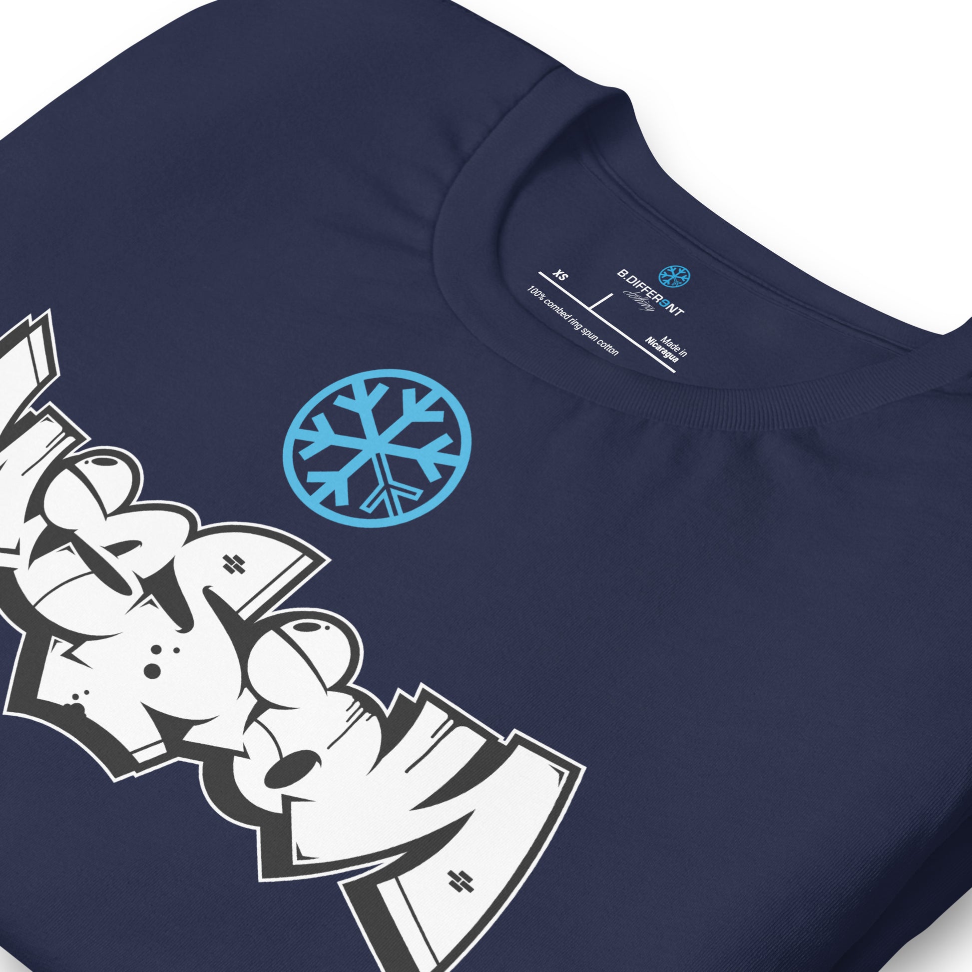 Navy-Mission Graffiti Piece Tee from B.Different Clothing, detail, graffiti-inspired streetwear t-shirt