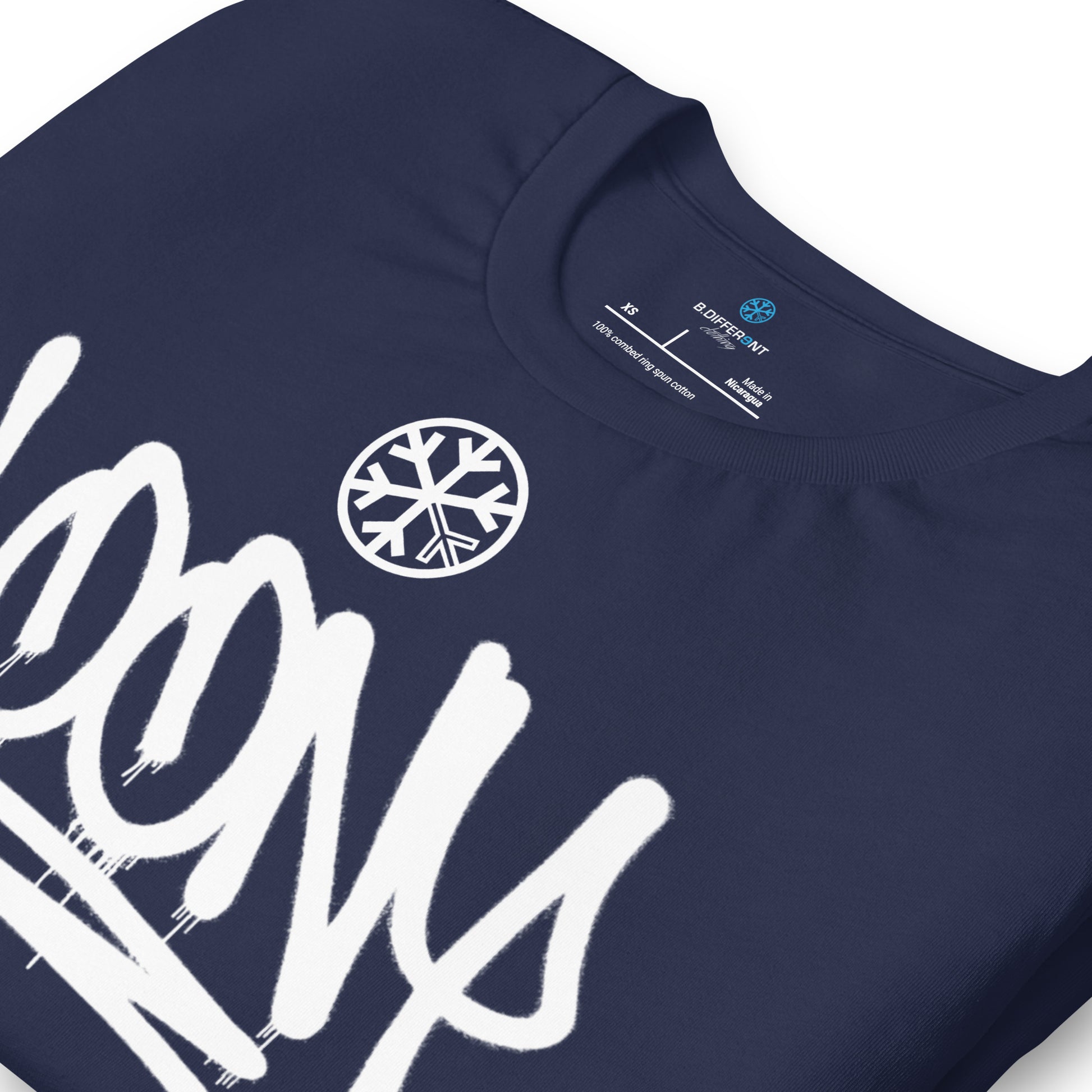 Navy-Loony Graffiti Tag Tee from B.Different Clothing, detail, graffiti-inspired streetwear t-shirt