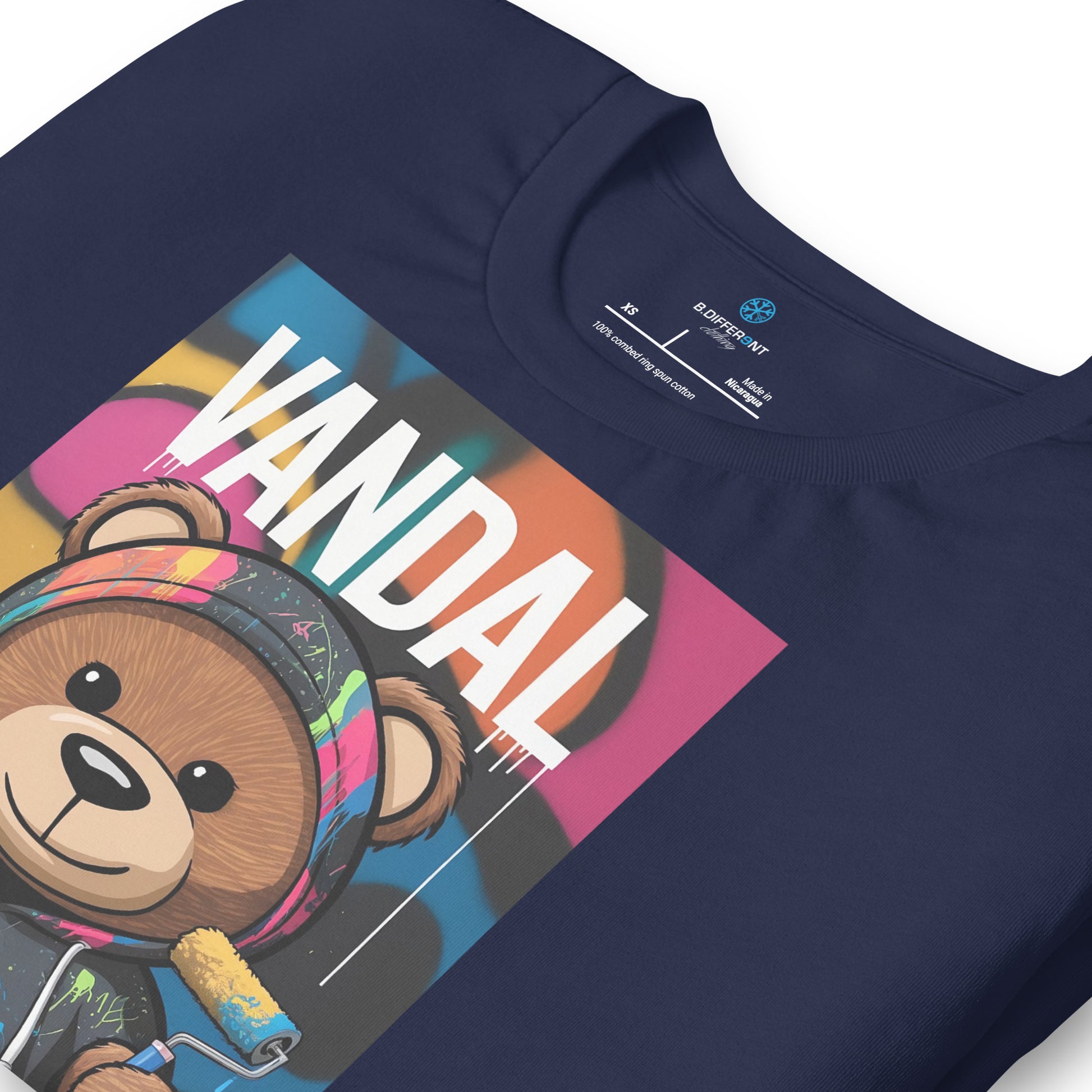 Navy-Vandal Teddy Bear Graffiti Tee from B.Different Clothing, detail, graffiti-inspired streetwear