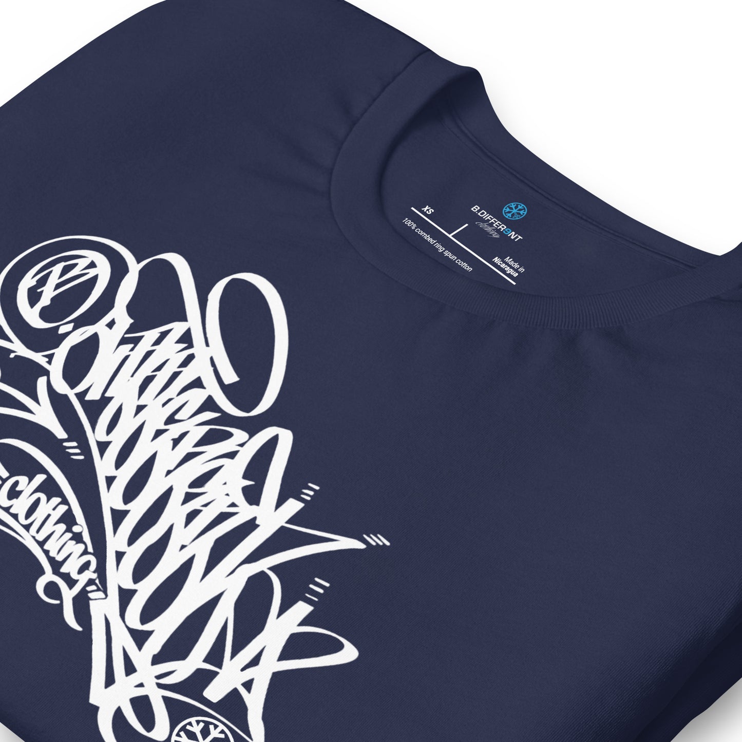 Navy-B.Different Clothing Graffiti Tag Tee from B.Different Clothing, detail, graffiti-inspired streetwear t-shirt