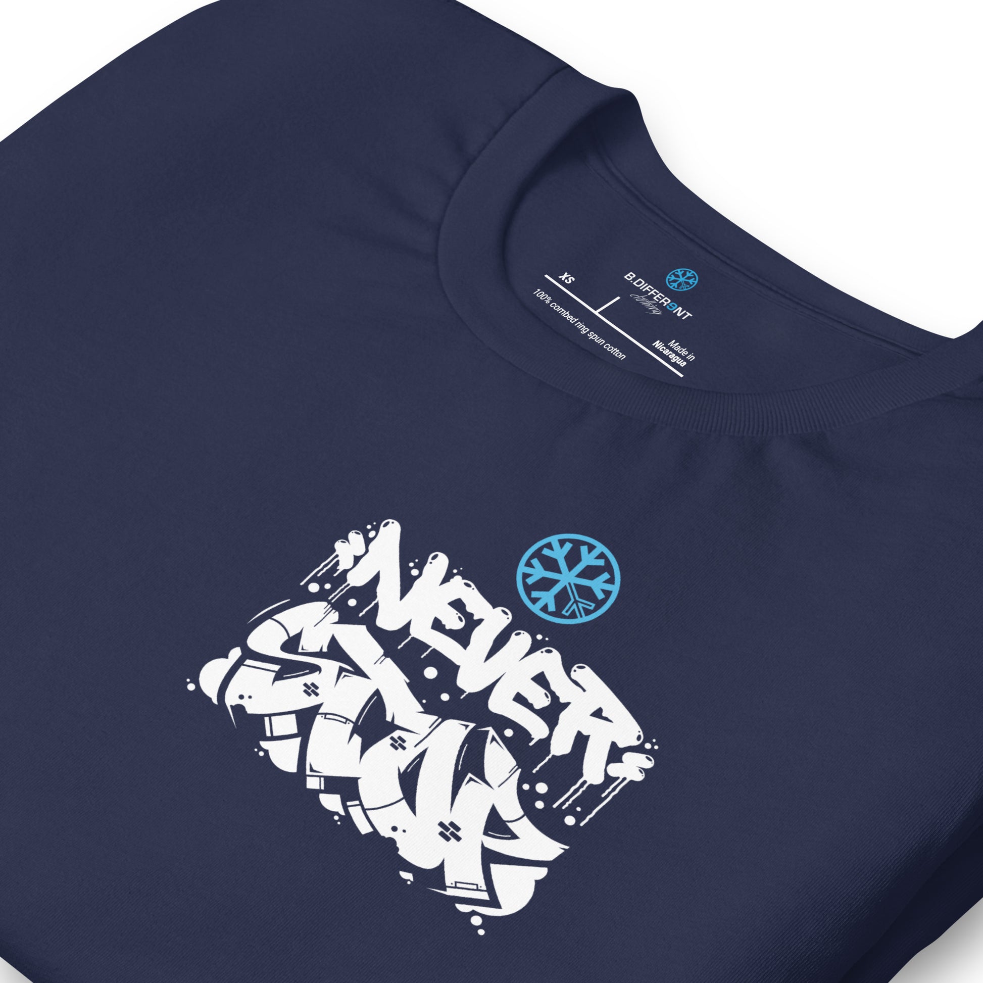 Navy-Never Stop Graffiti Character Tee from B.Different Clothing, detail, graffiti-inspired streetwear t-shirt